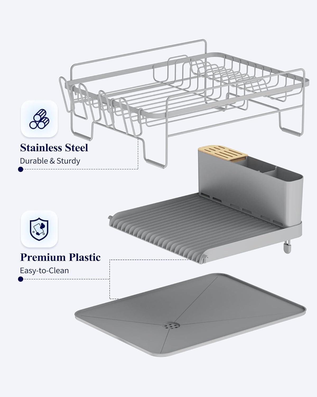 Kitsure Large Dish Drying Rack - Extendable Dish Rack, Multifunctional Dish Rack for Kitchen Counter, Anti-Rust Dish Drainers with Cutlery & Cup Holders 19.2"-26.7" L x 12.9" W, Grey