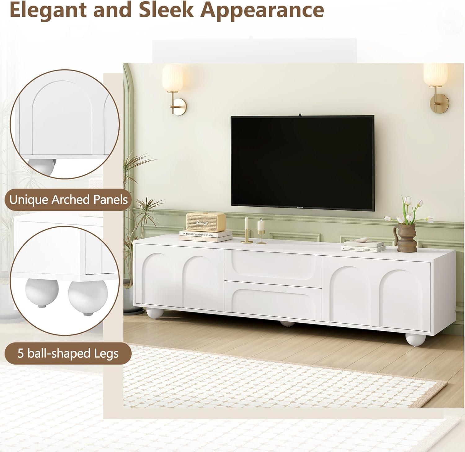 EUROCO 69.6" Modern TV Stand,Modern Entertainment Center with 2 Drawers,2 Storage Cabinets,5 Iron Round Legs and Rebound Device,Media Console Table for TVs Up to 75",White