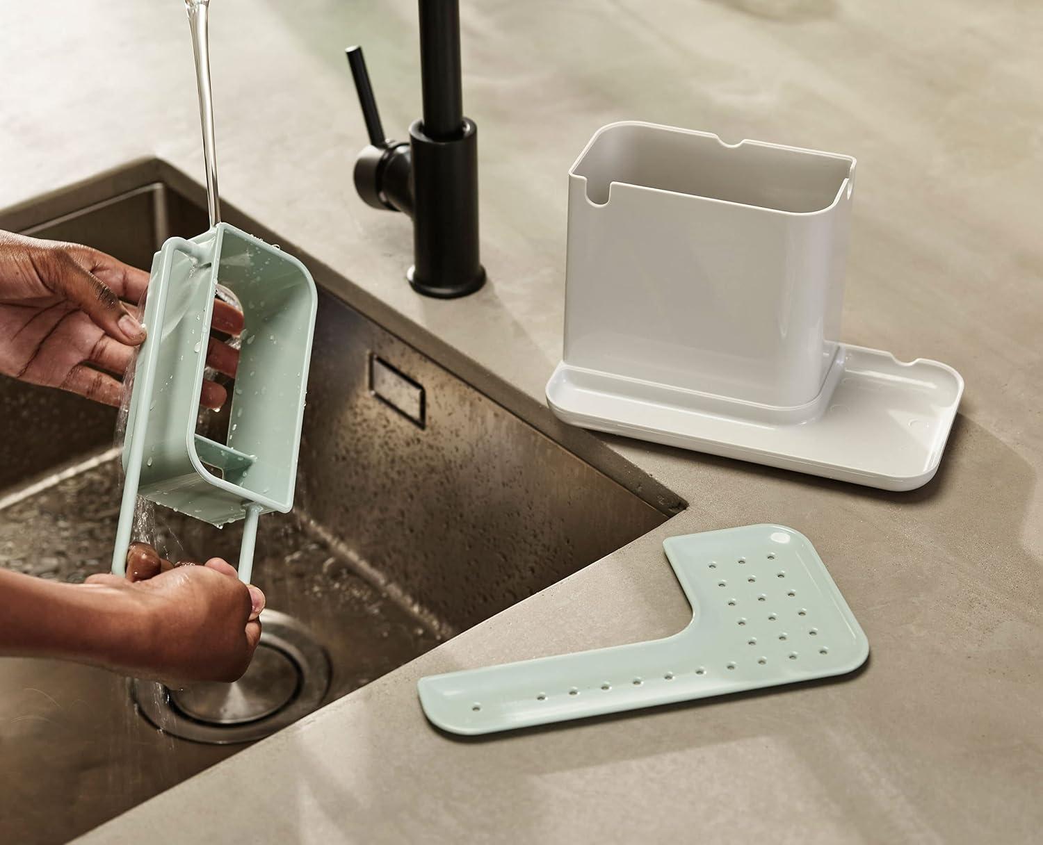 Light Stone and Sage Plastic Kitchen Sink Organizer Caddy