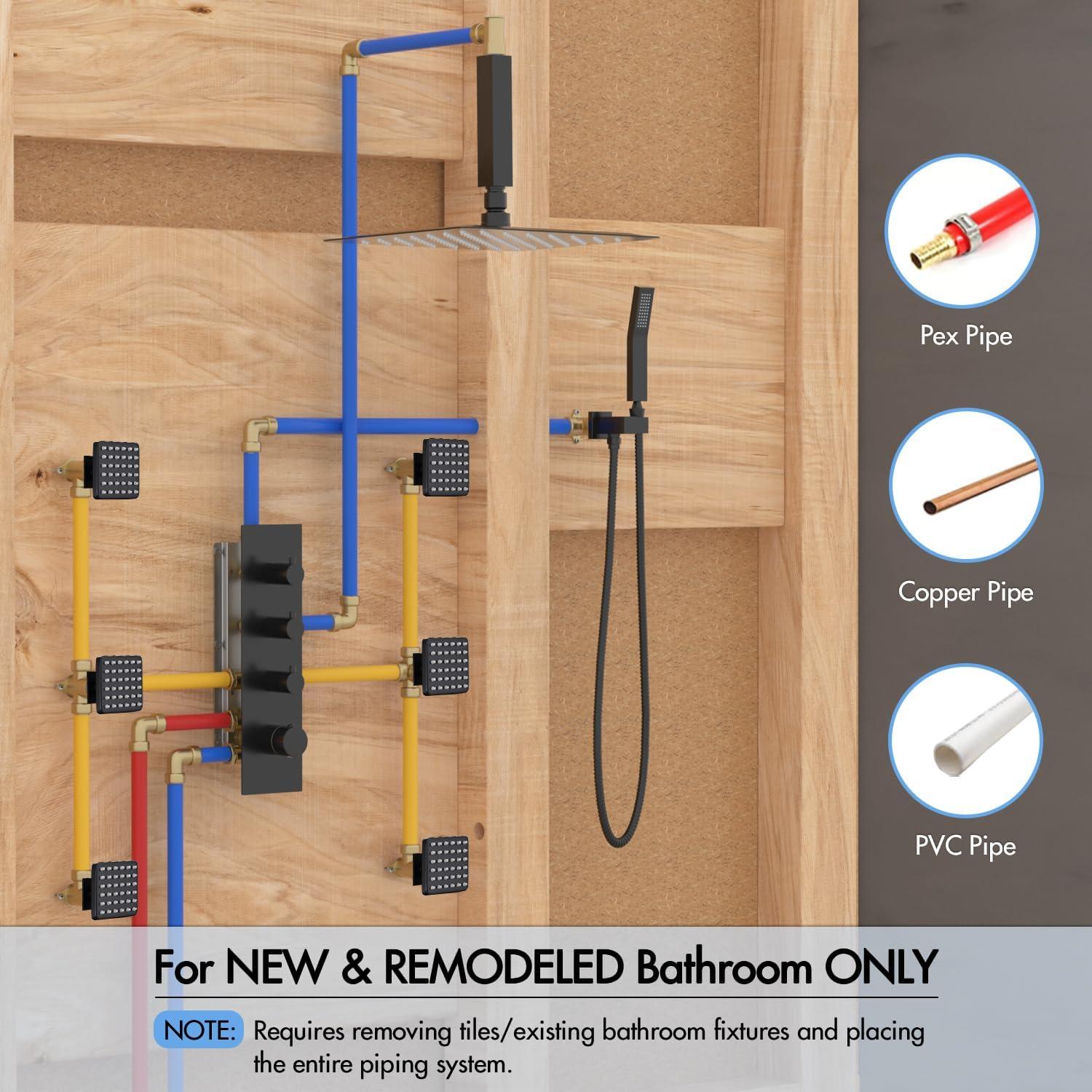 DualJetSpa 15-Spray Patterns 16" & 6" Dual Shower Head, Shower FaucetSystem with Thermostatic Rough-in Valve and Body Jets