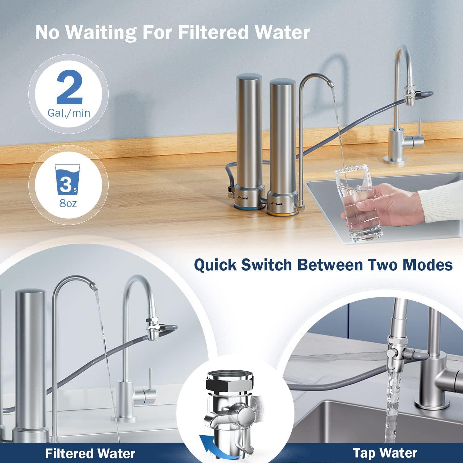 Frizzlife DS99 Dual Countertop Water Filter System, 8-Stage Stainless Steel Faucet Water Filtration System