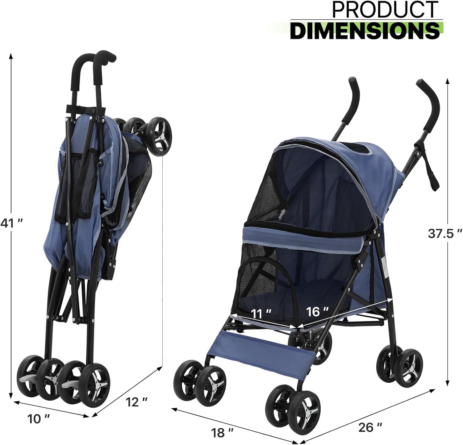 Navy Blue Foldable Lightweight Pet Stroller with 4 Wheels