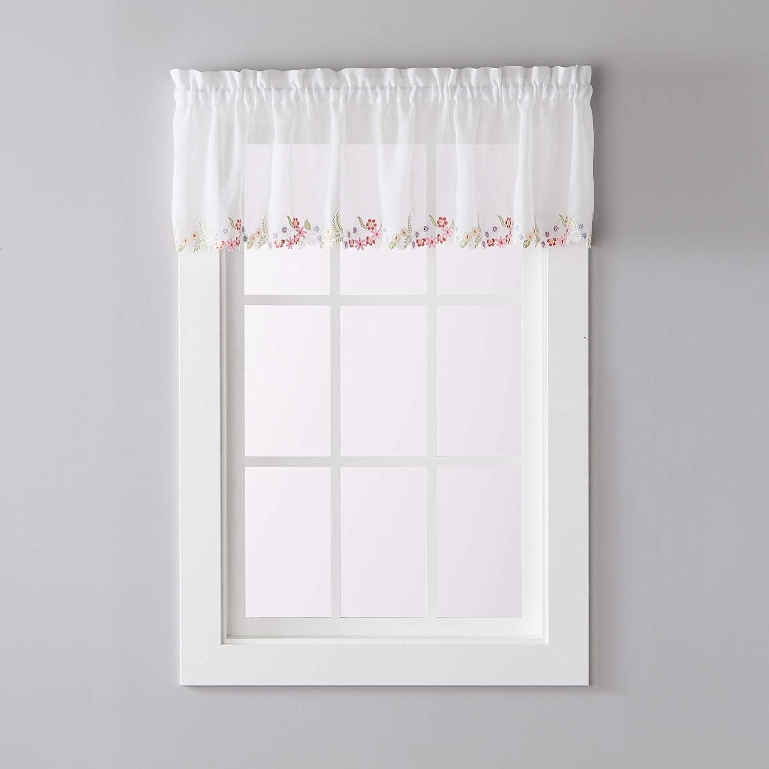 White Floral Embroidered Sheer Rod Pocket Valance