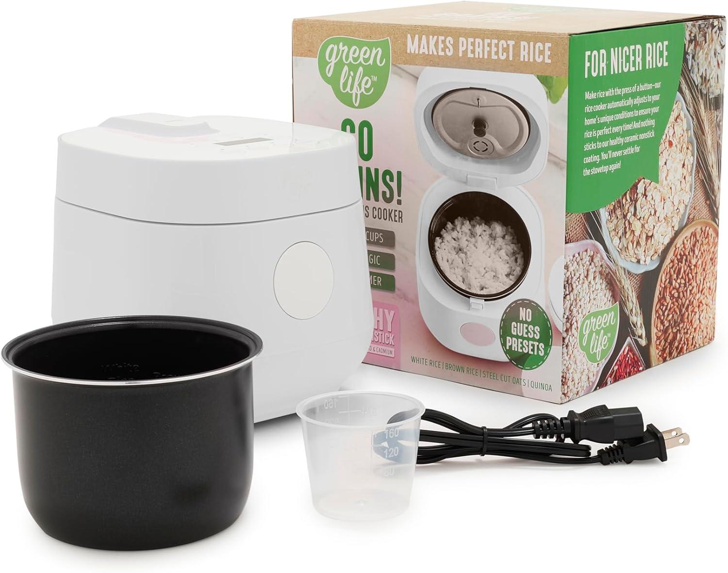Compact White Electric Rice and Grains Cooker with Ceramic Nonstick Bowl