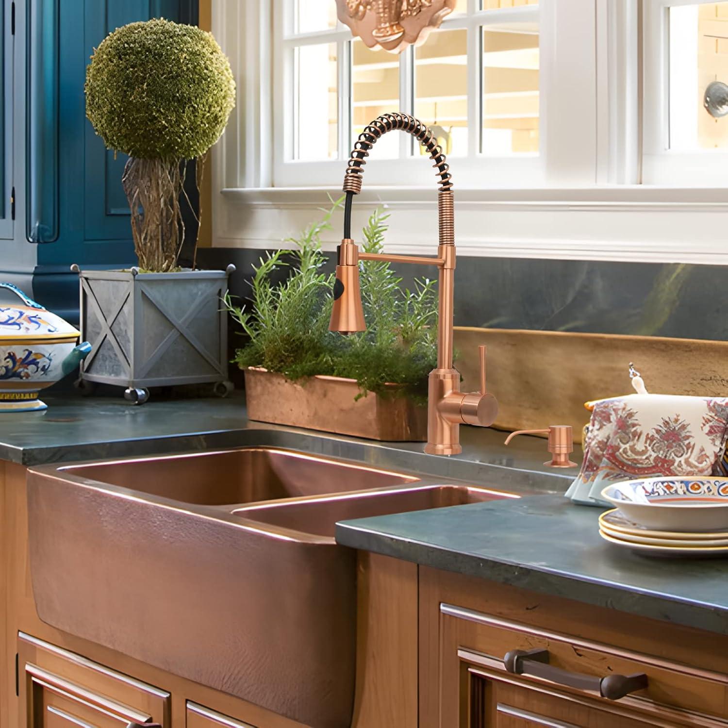 Akicon Pre-Rinse Spring Kitchen Faucet, Single Level with Pull Down Sprayer Copper Copper Finish