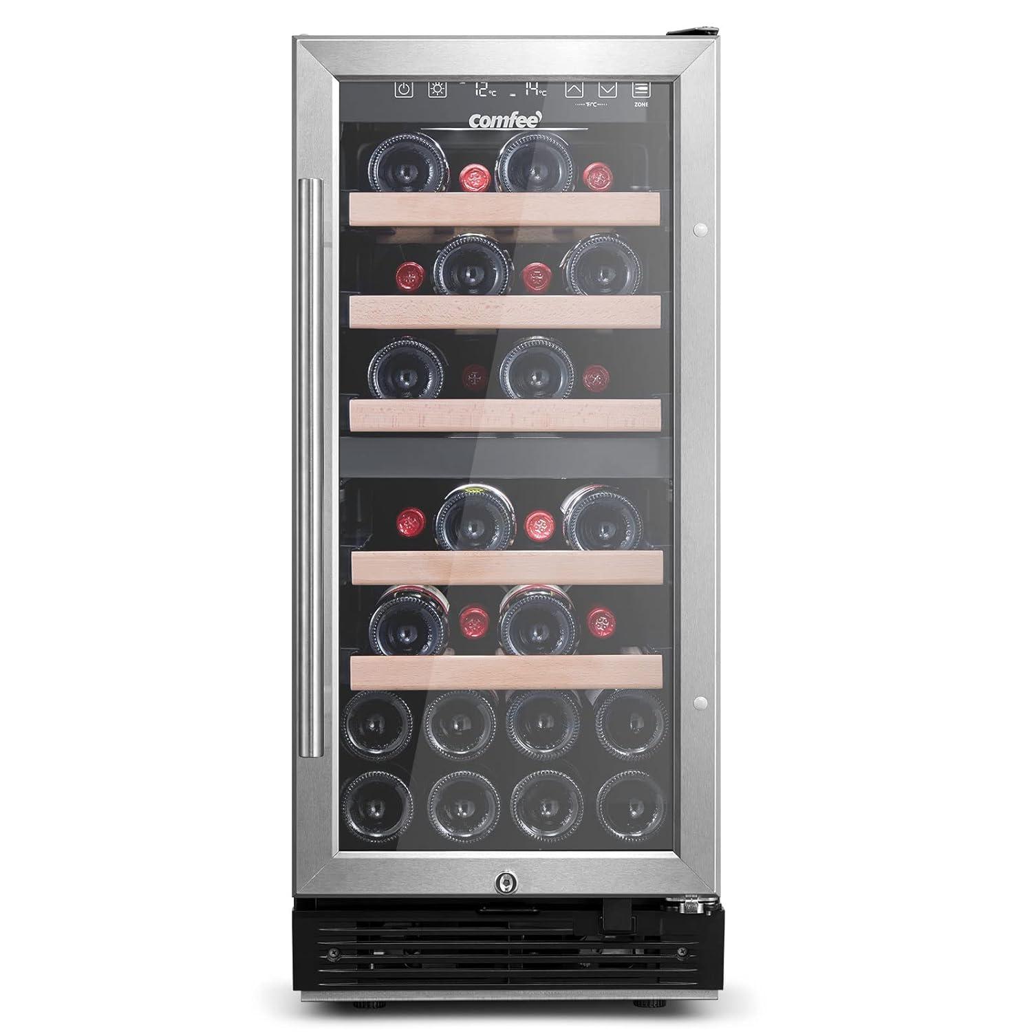 Comfee 28-Bottle Dual Zone Free Standing Beverage and Wine Cooler, Stainless Steel