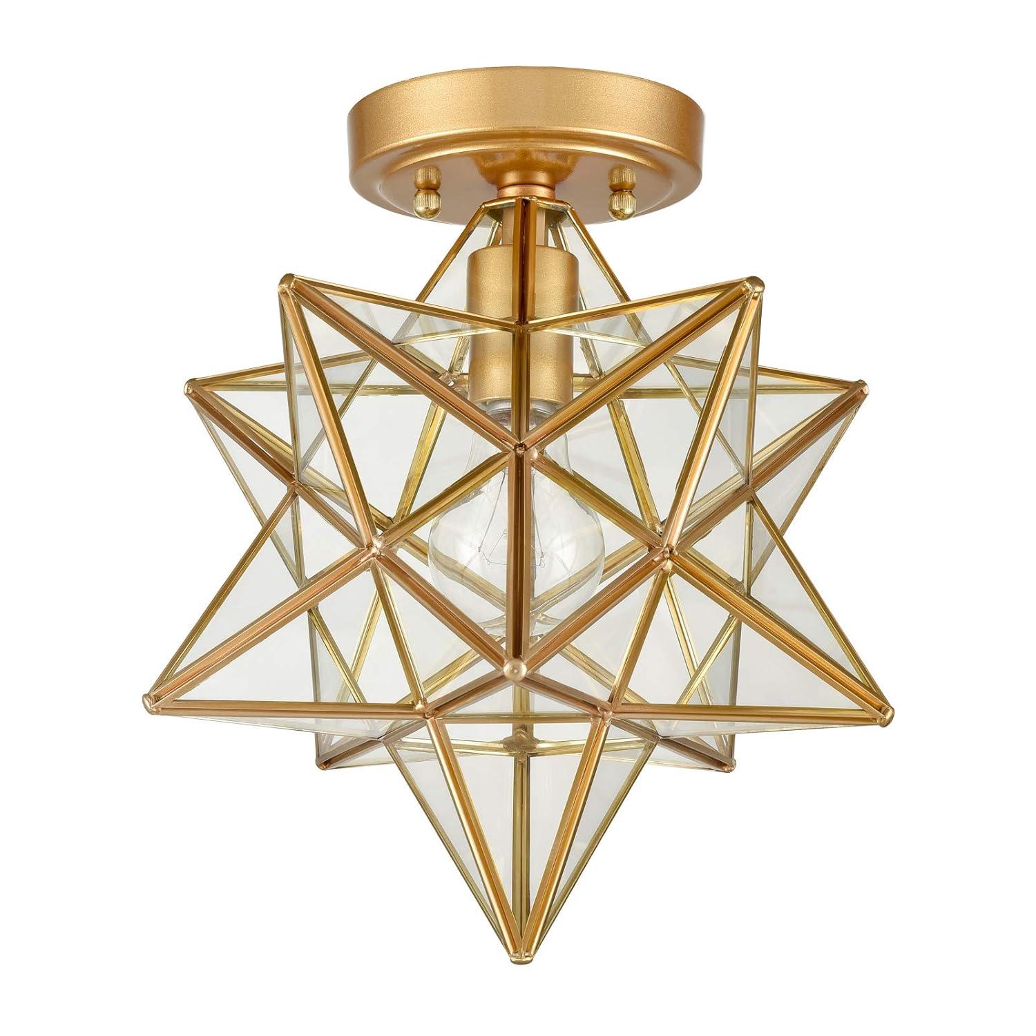 Everly Quinn 12" Moravian Star Metal/Clear Glass LED Flush Mount, Gold/Clear