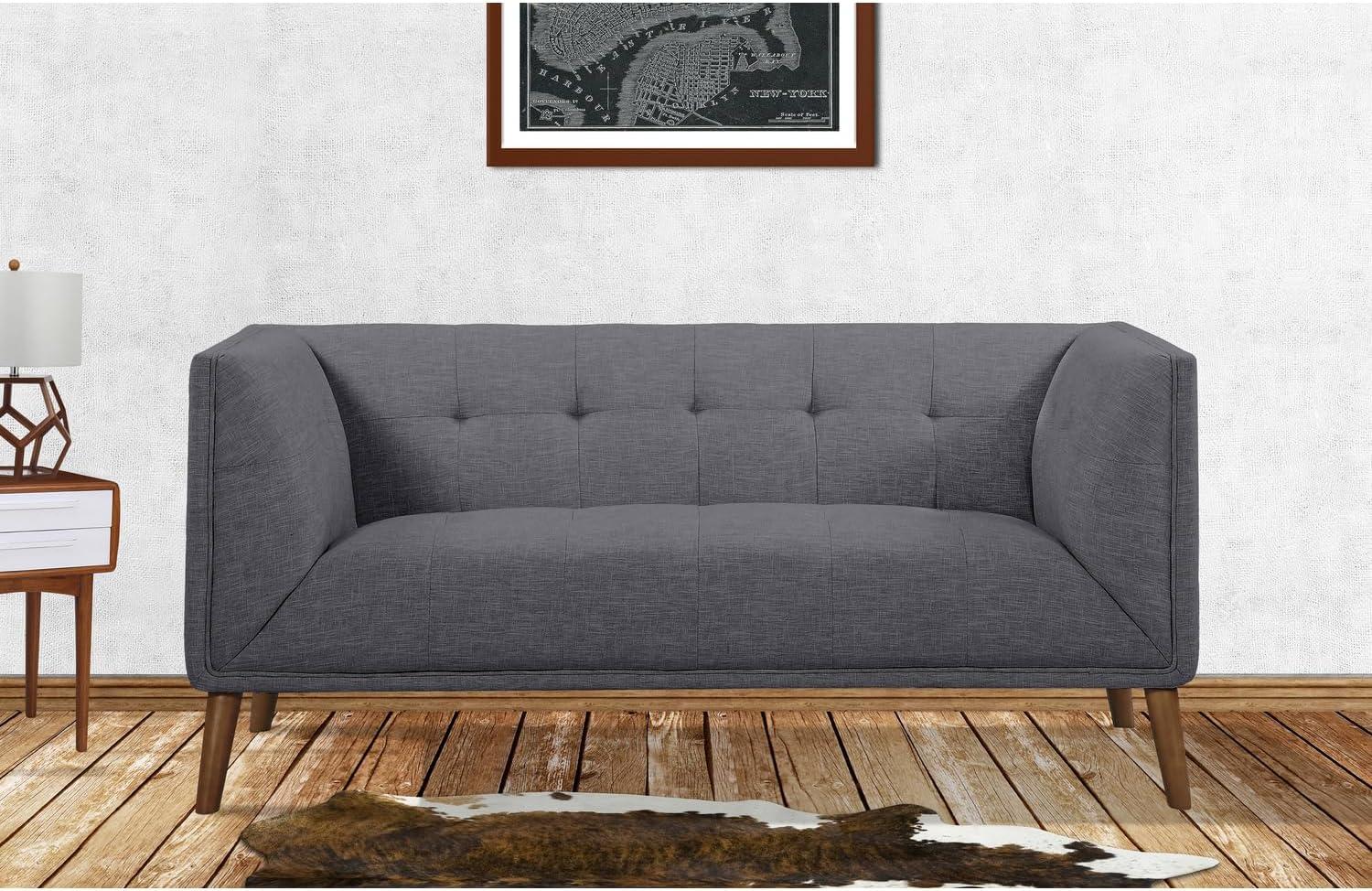 Hudson Gray Loveseat Button-Tufted Linen and Walnut Legs