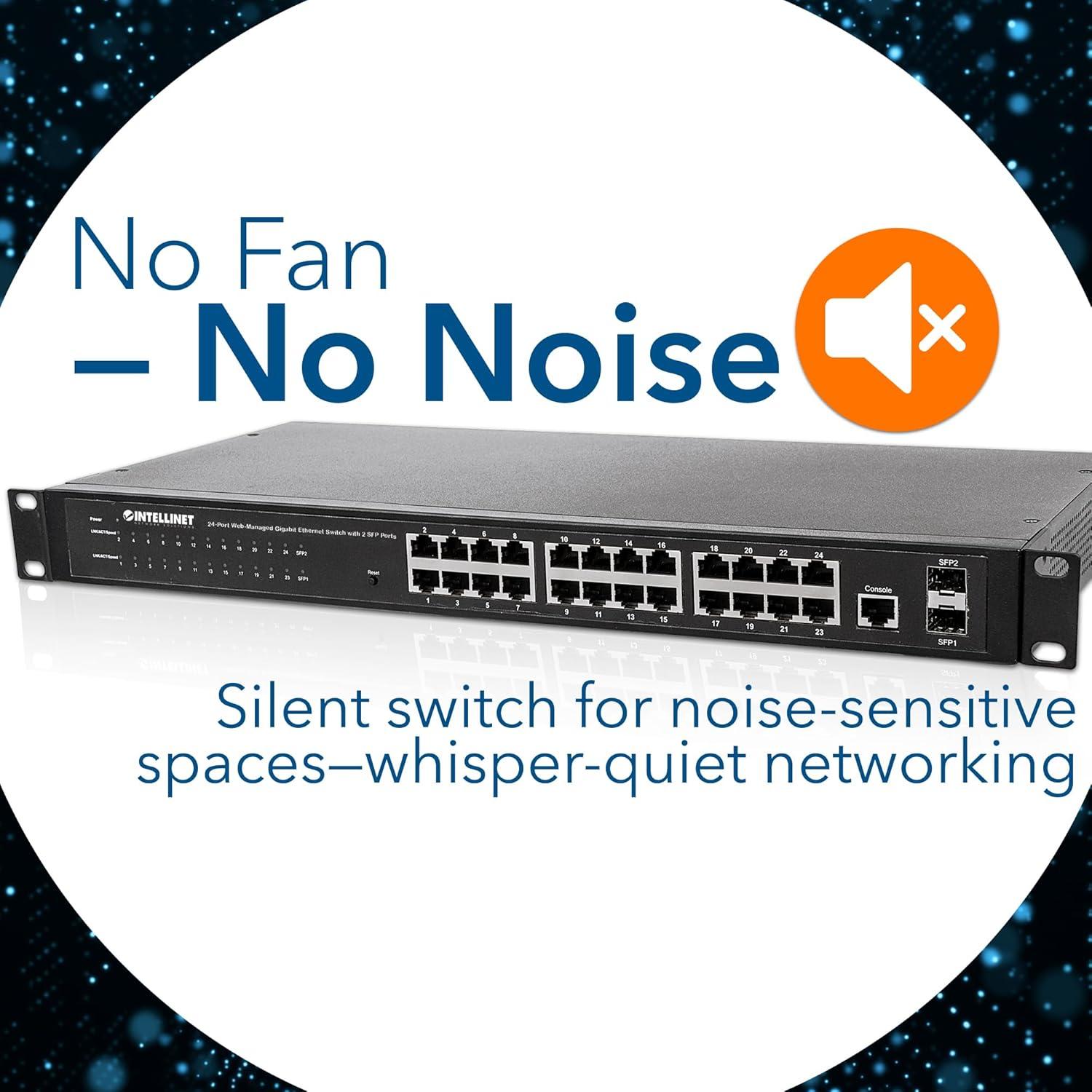 Intellinet 24-Port Web-Managed Gigabit Ethernet Switch with 2 SFP Ports | Fanless | VLAN, SNMP, 802.1X | NDAA