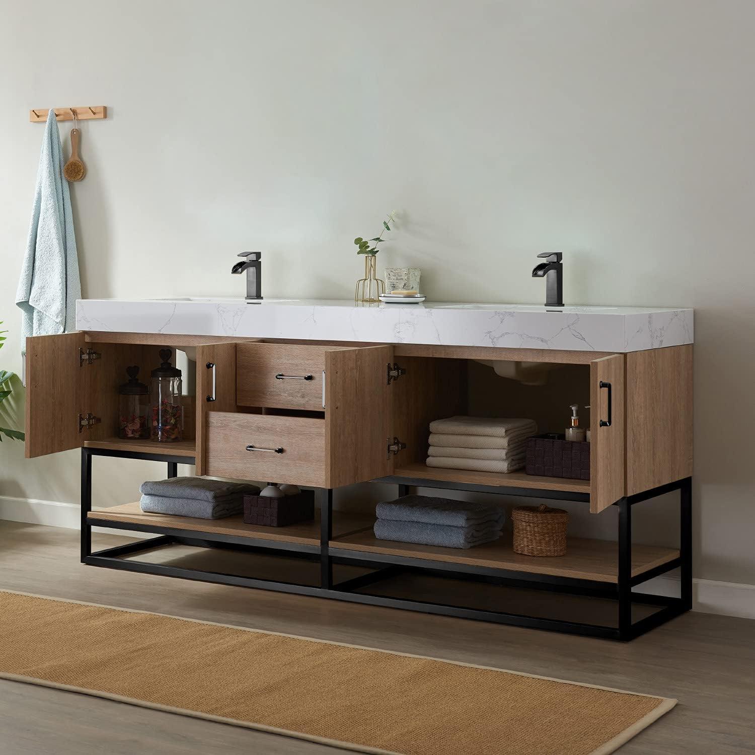 72 Inch Double Vanity with Matte Black Trim and Oak Finish