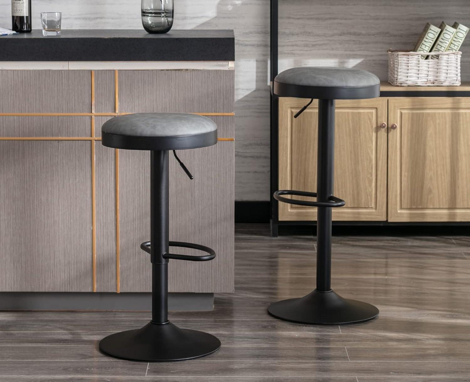 Adjustable Gray Leather and Metal Swivel Bar Stools