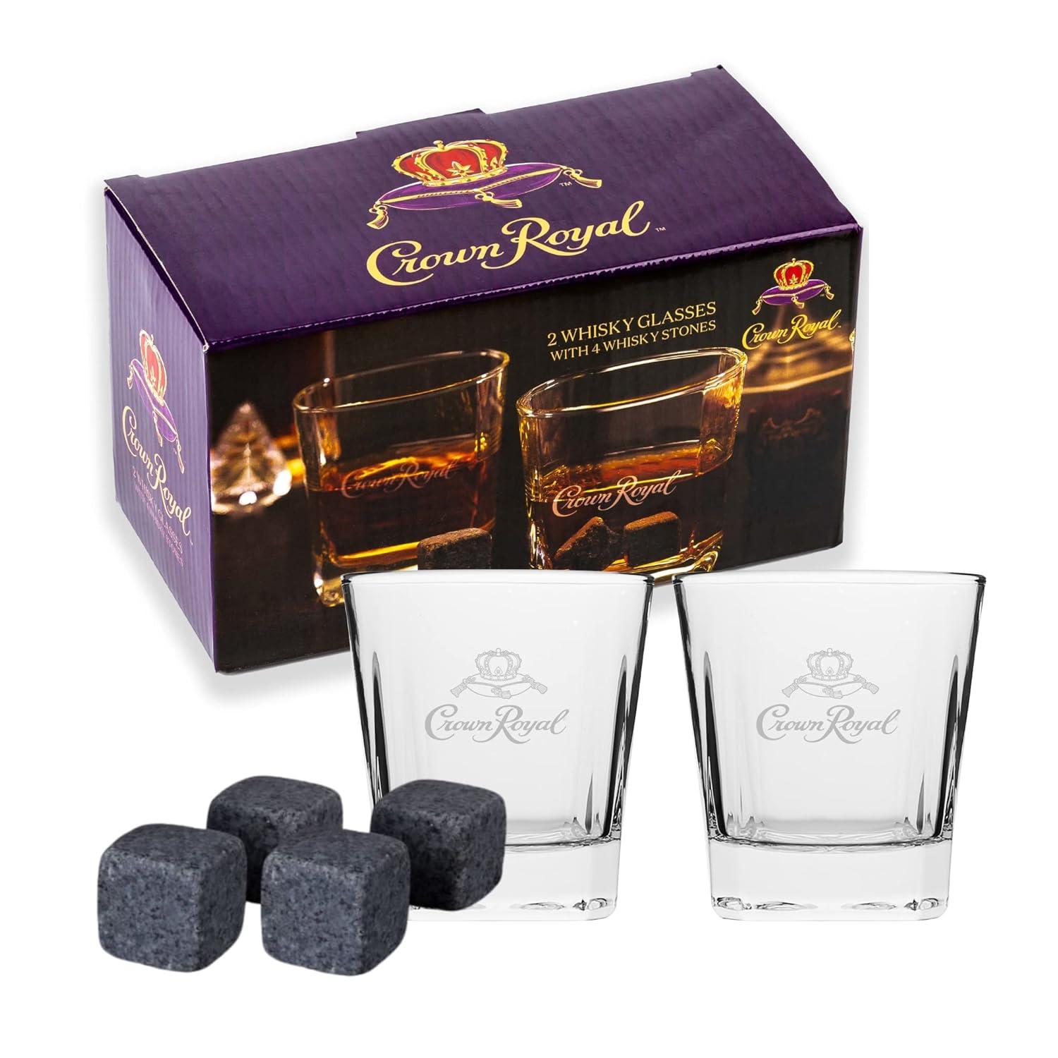Crown Royal Whiskey Glass and Stone Set by Lord’s Rocks | 2 Scotch Whiskey Glasses and 4 Unique Chilling Granite Rocks | Whiskey Stone Gift Set for Men Compatible