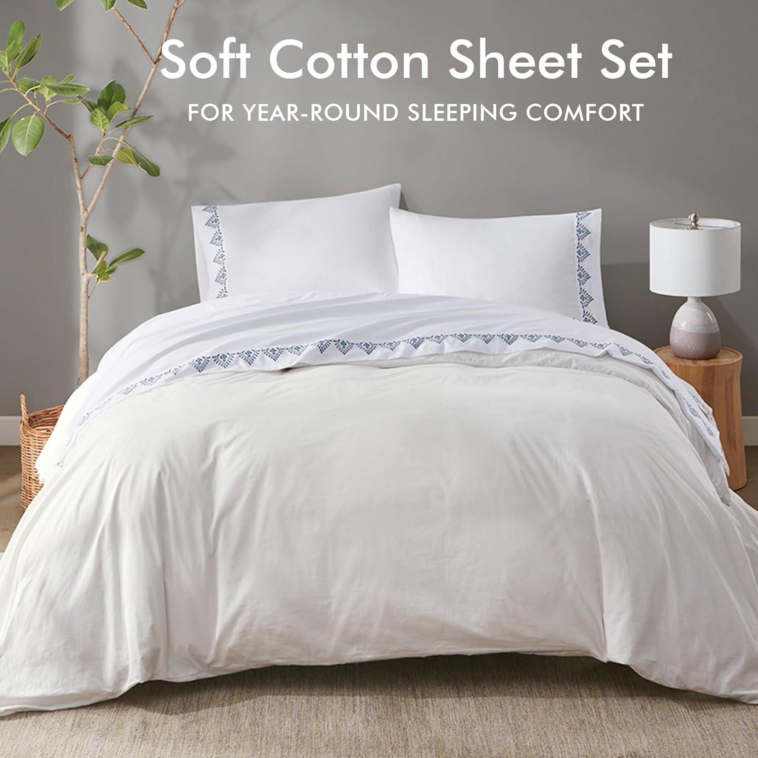 Madison Park Full Blue Blossom Embroidered Microfiber Sheet Set