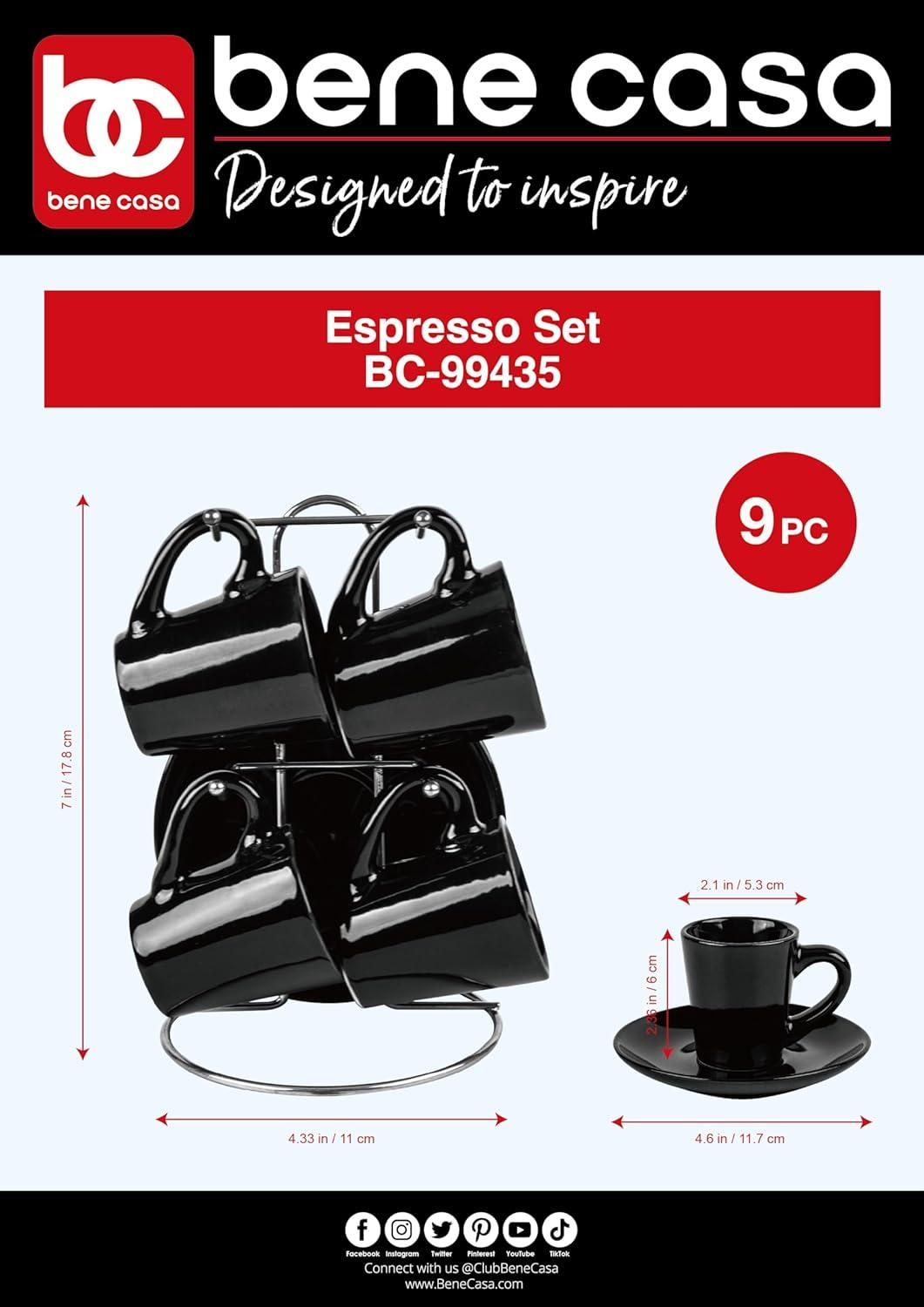 Bene Casa Black Ceramic Espresso Cups & Saucers Set of 9