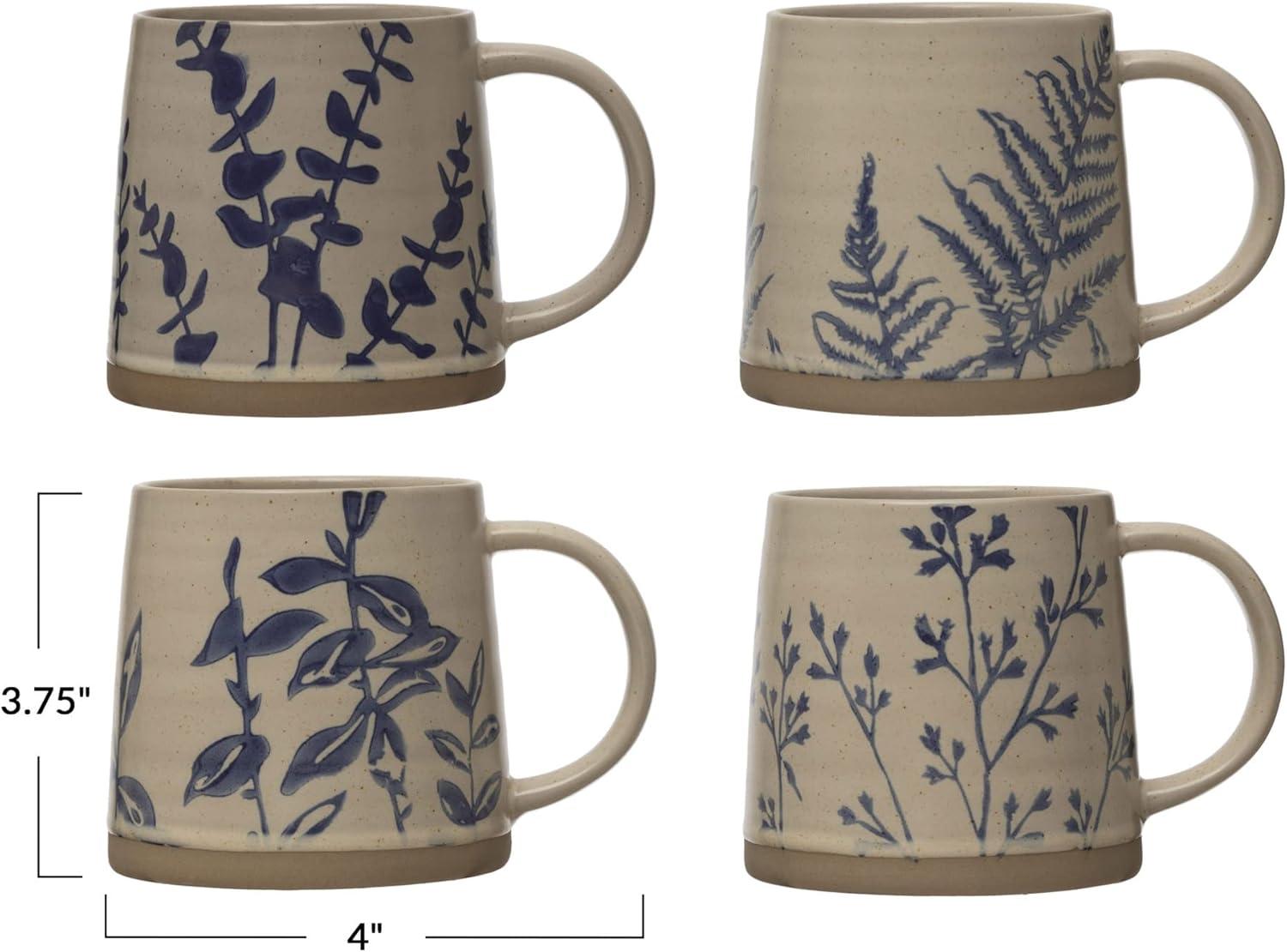 Hand Stamped Blue Botanical Ceramic Mugs Set of 4