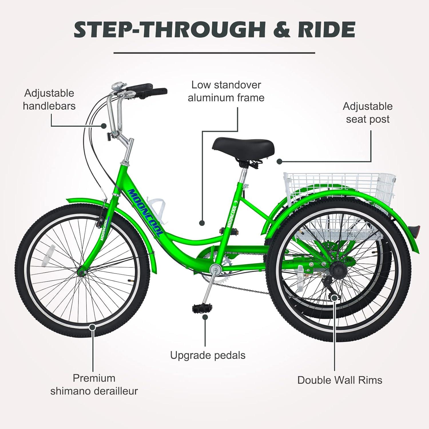 MOPHOTO Adult Tricycles 3 Wheel 7 Speed Trikes, 24 inch with Big Basket for Shopping, Picnics Exercise Men's Women's Cruiser Bike