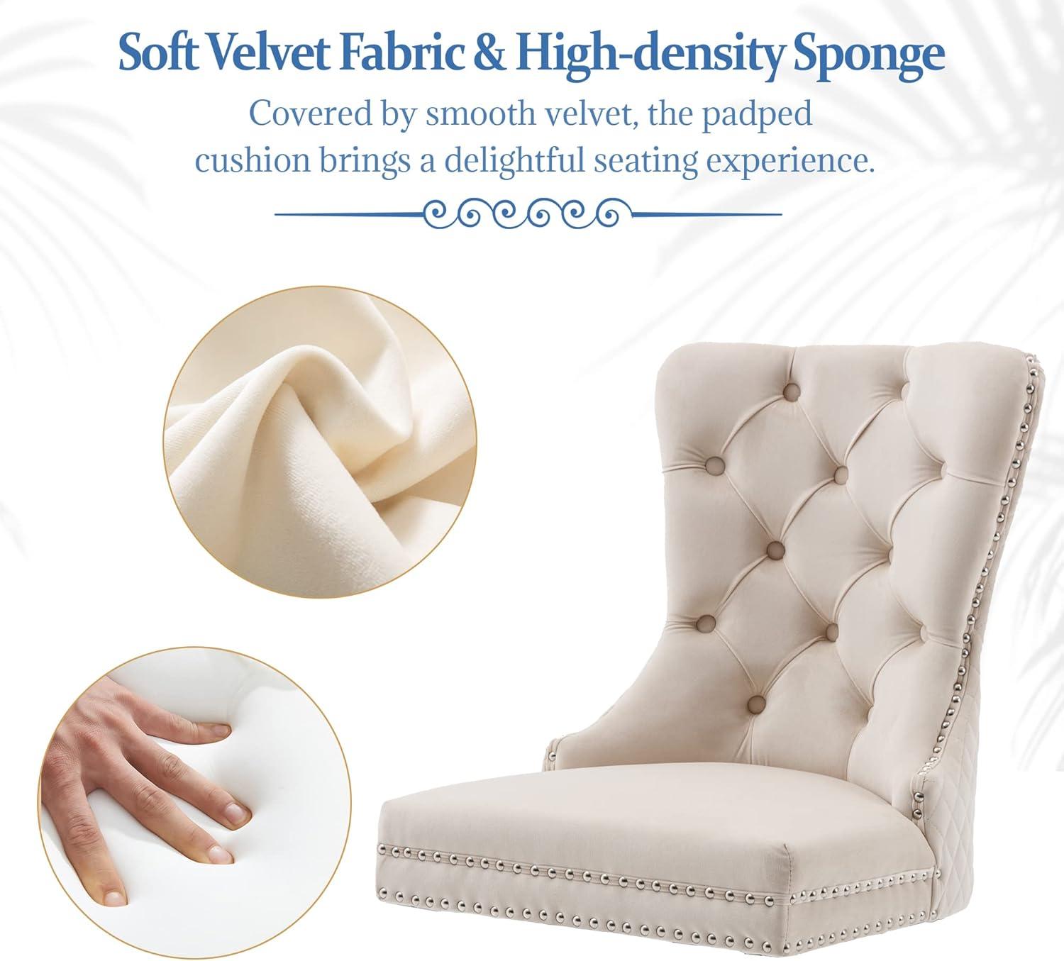 SoarFlash Velvet Dining Chairs Set of 4, Tall Back Side Chair, Modern Upholstered High-end Tufted Side Chair with Button Back Ring, Solid Wood Legs (Beige)