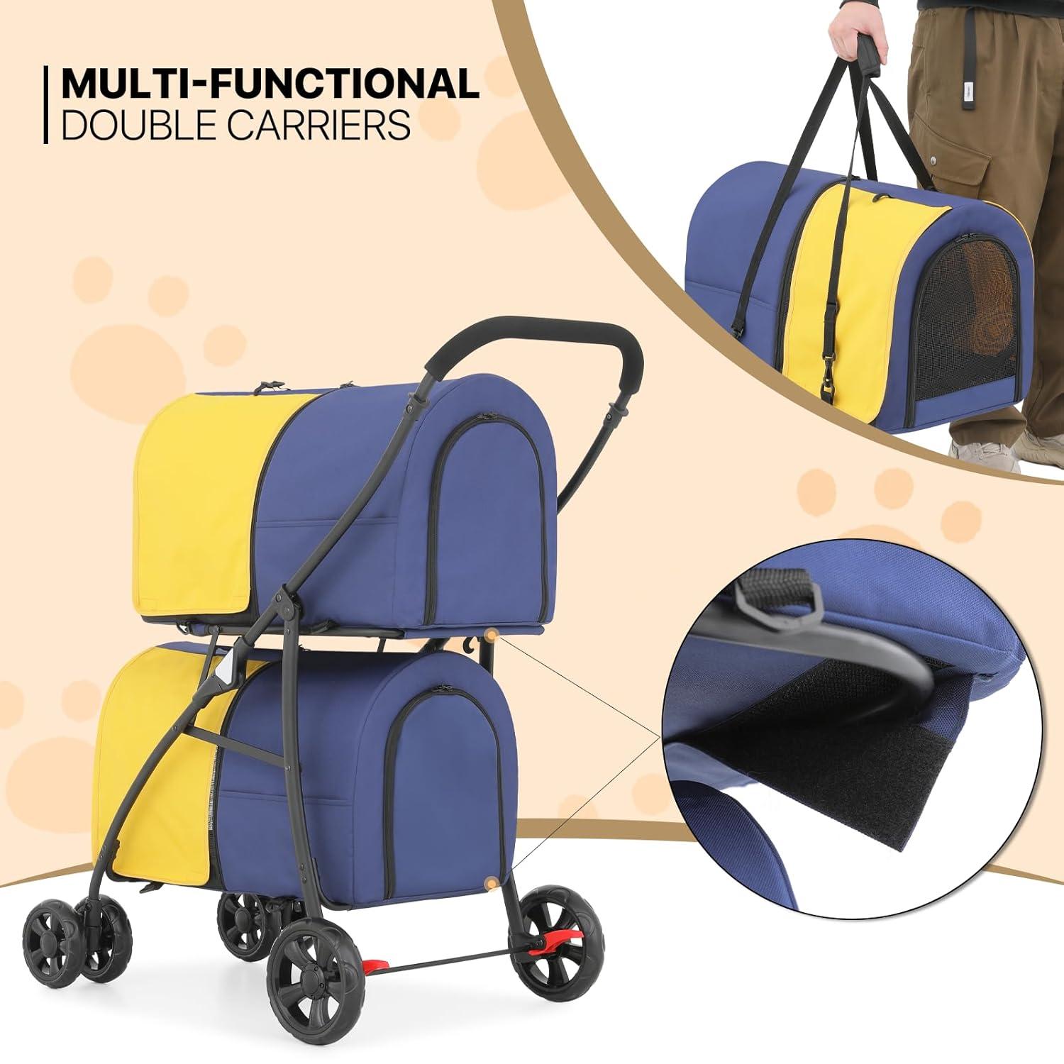 MoNiBloom 4 in 1 Double Pet Stroller, Foldable Cat Stroller for 2 Cats/Dogs with Detachable Carrier Bags & Rear Brakes, Navy Blue/Yellow