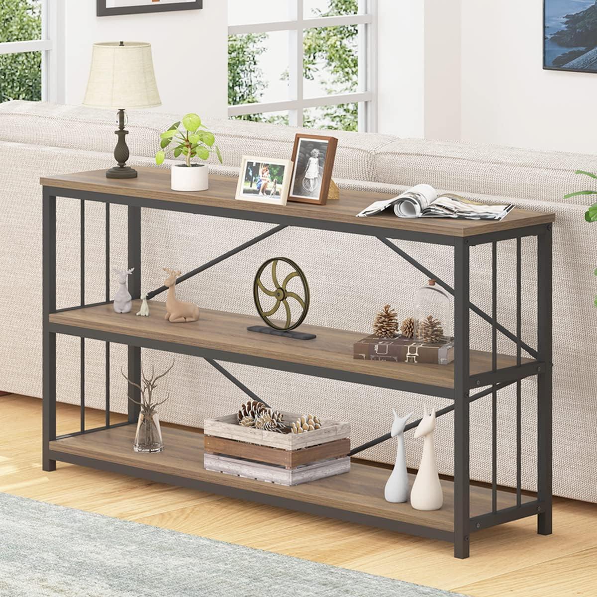 Rustic Oak 55 Inch Industrial Wood Metal Console Table with Storage