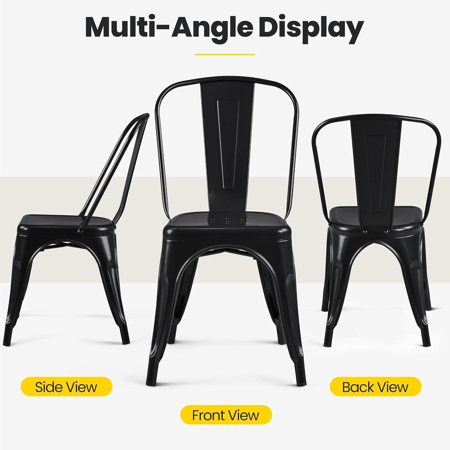 Metal Chairs Set of 4, Stackable Metal Patio Chairs 18 Inch Seat Height, Indoor/Outdoor Tolix Side Chair with Back, 330LBS Weight Capacity, Chic Kitchen Dining Chairs, Black