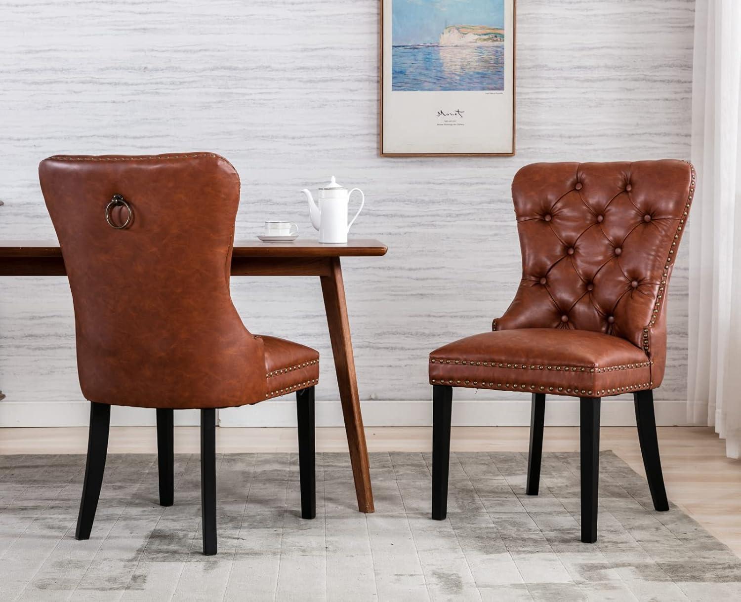 Brown Tufted Upholstered Side Chair with Wood Legs