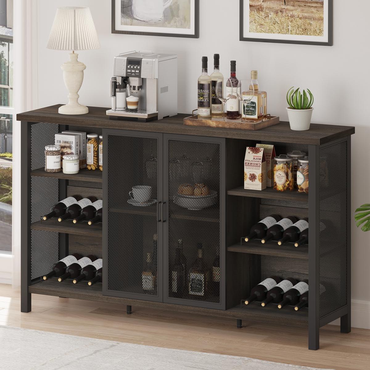 Walnut Brown 55" Industrial Wood and Metal Wine Bar Cabinet