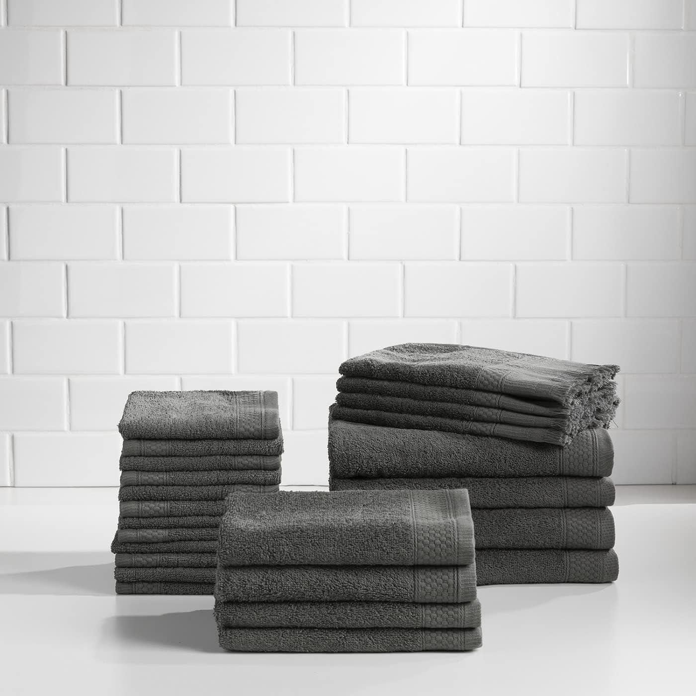 Gray 24-Piece Cotton Bath Towel Set with Washcloths and Fingertip Towels