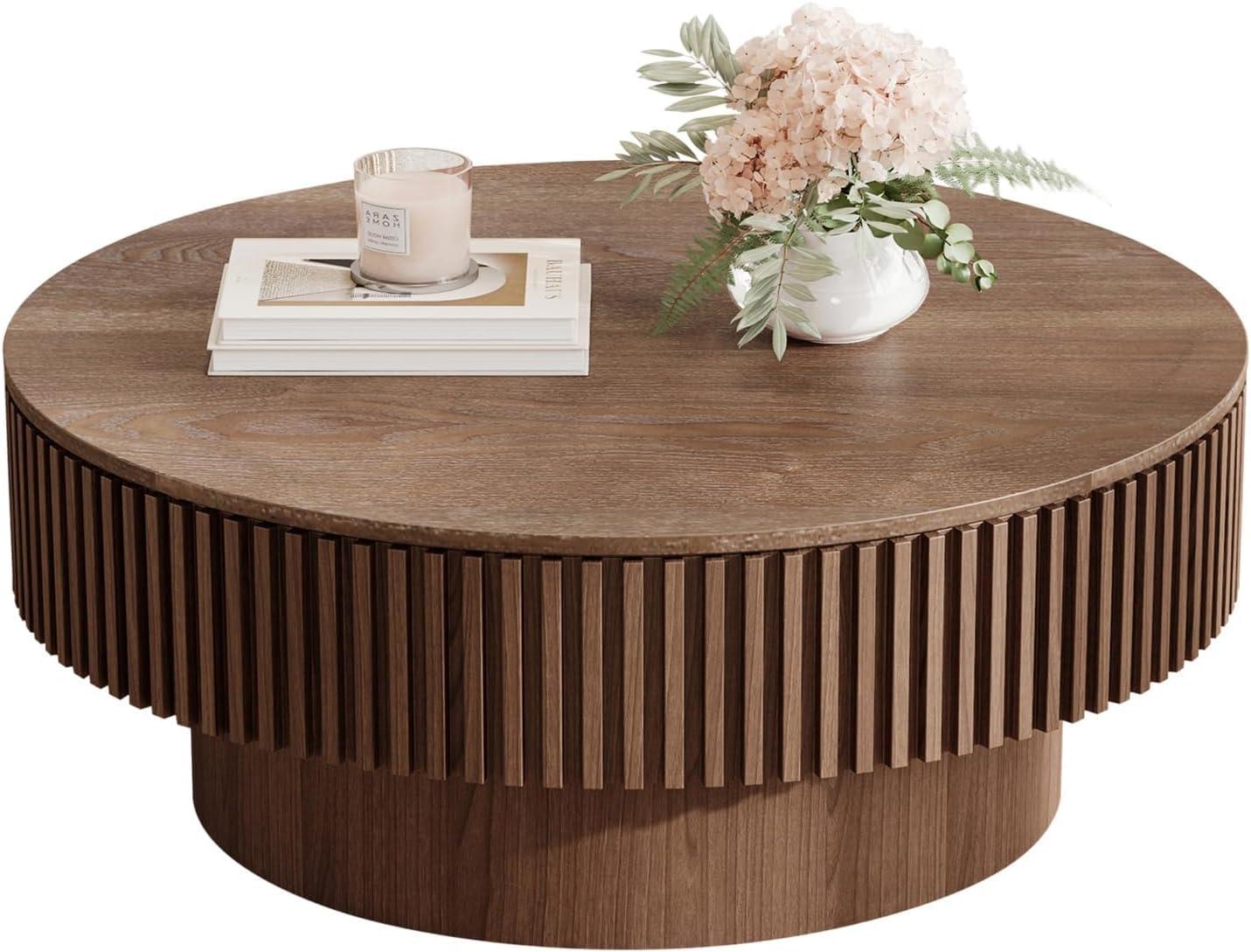 31.5" Round Wood Coffee Table with Storage - Modern Drum Circle Fluted Side Table for Apartment, Office - Easy Assembly, Walnut