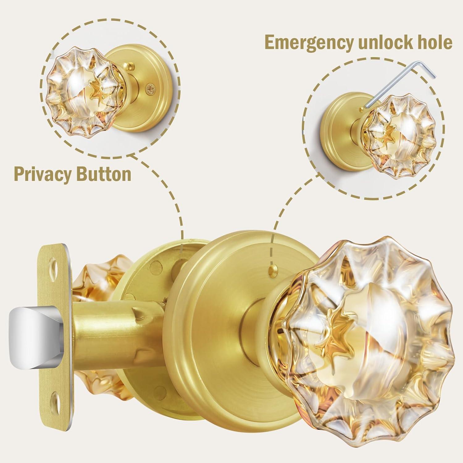 Champagne Glass Door Knobs,Privacy Crystal Door Knobs Interior Satin Brass/Brushed Gold Door Knob with Lock