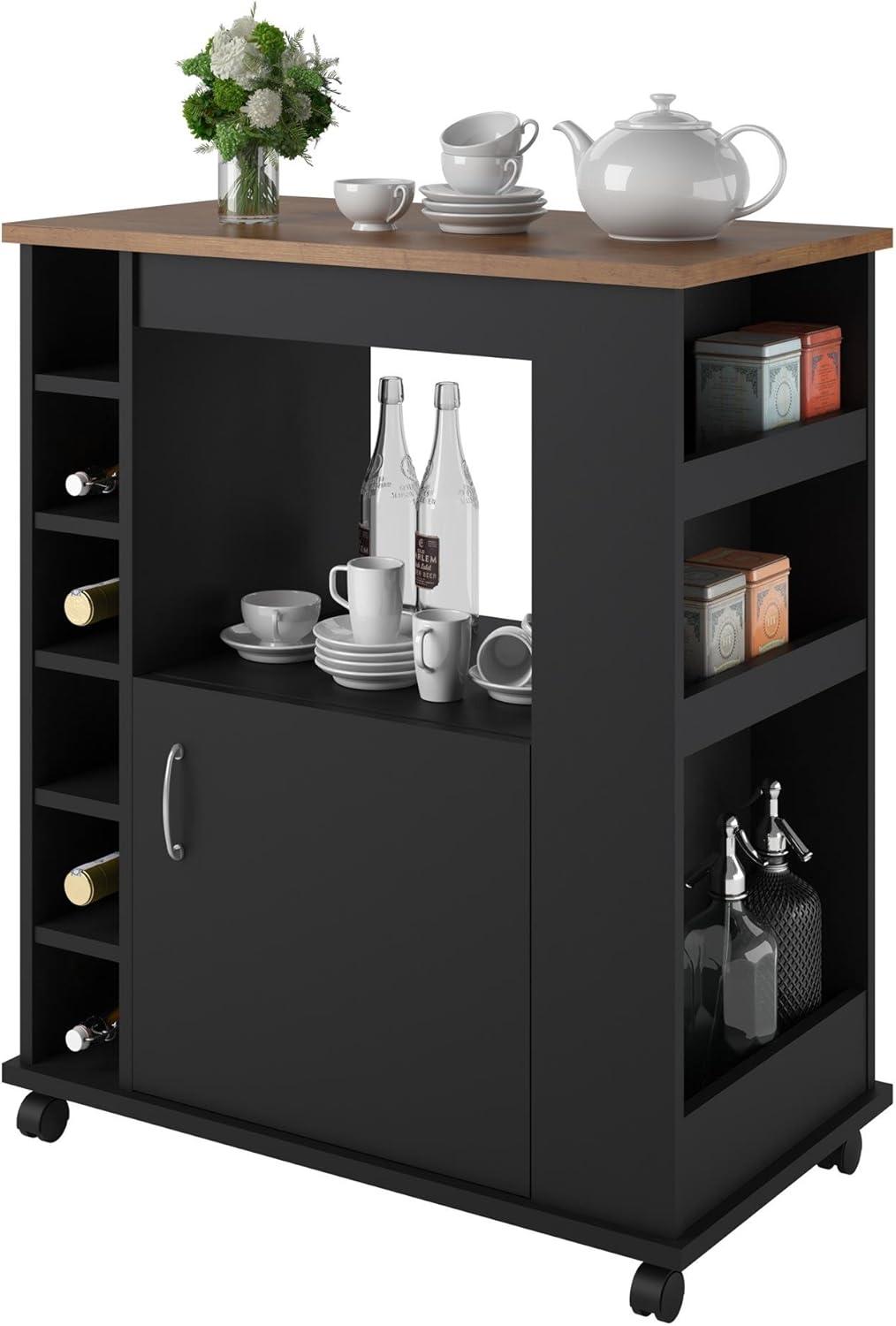 Sleek Black and Woodgrain Kitchen Cart with Storage and Casters