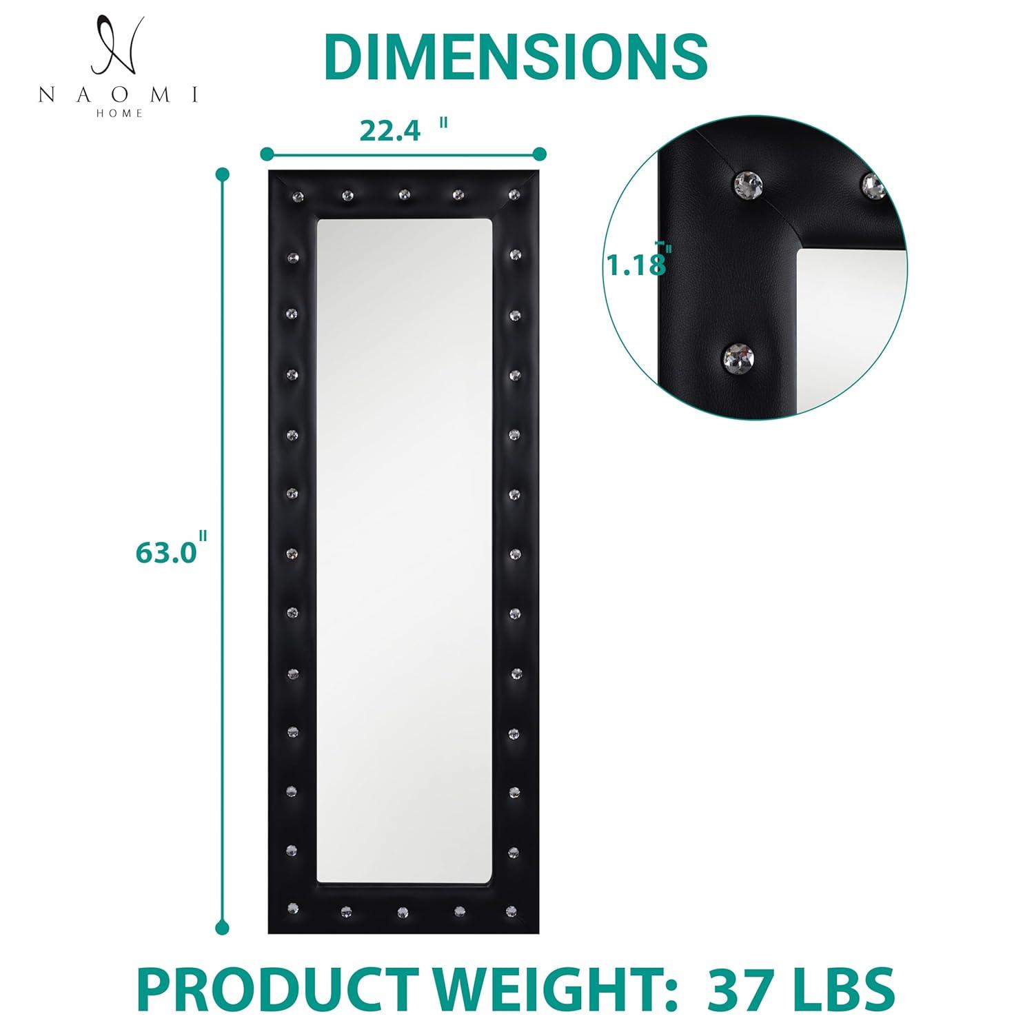 Crystal tufted Full length Mirror, Floor Mirror, Full Body Mirror for Home, Wall Mirror with Faux Wood Frame, 63"LX22"W Large Mirror for Bedroom, Leaner Mirror, Black Mirrors for Wall,