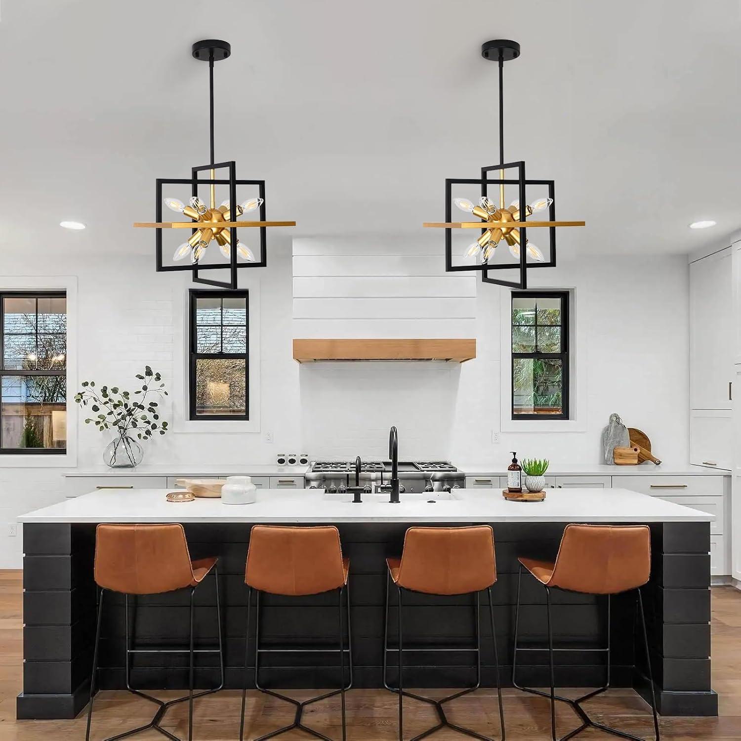 Modern Black and Gold Chandelier, 8-Light Geometric Pendant Light Fixture, Dining Light Fixtures Adjustable Chandelier for Dining Room Entryway Foyer Hallway Bedroom Living Room Kitchen Island