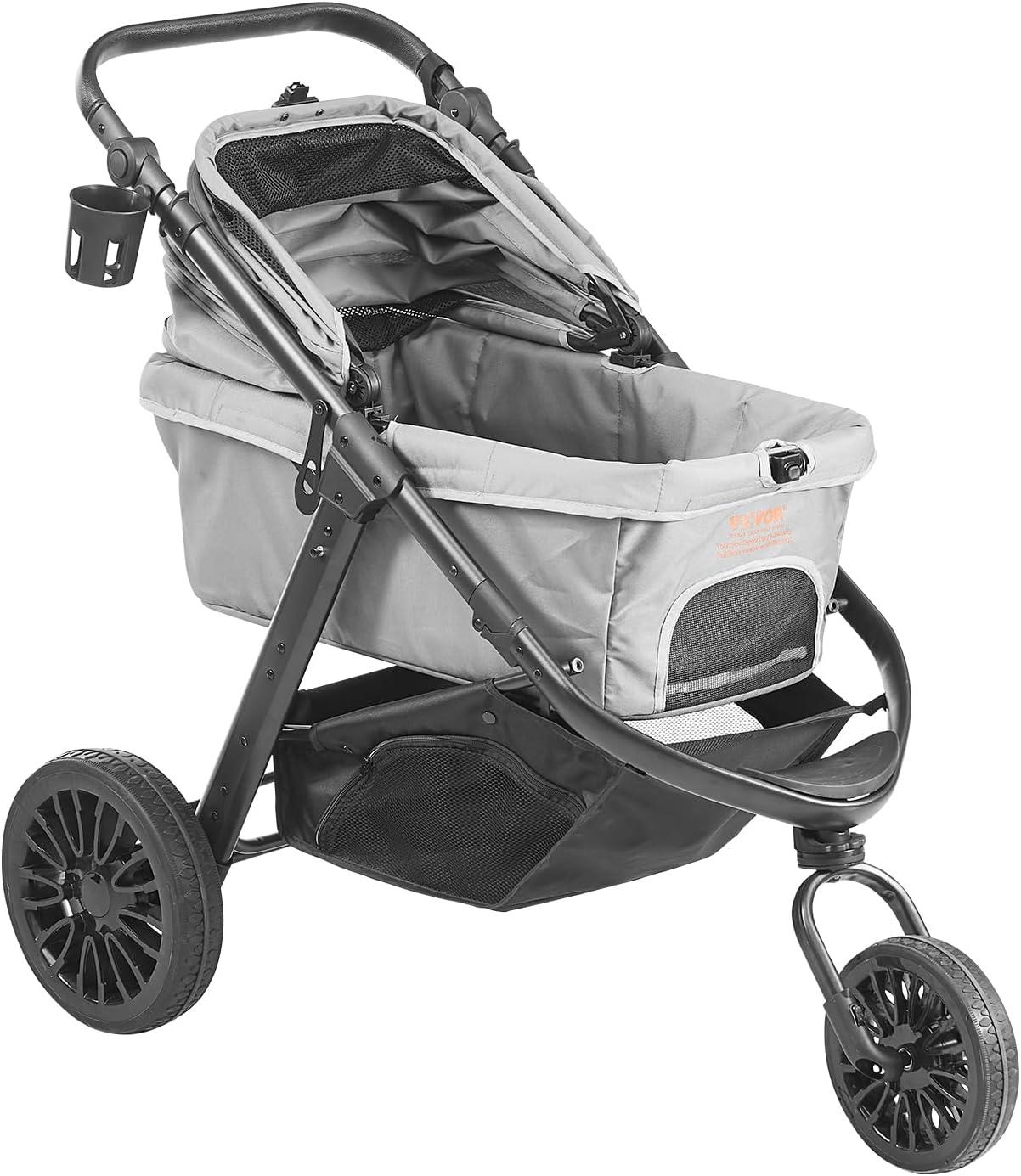 Gray Large Pet Stroller with Adjustable Handle and Storage