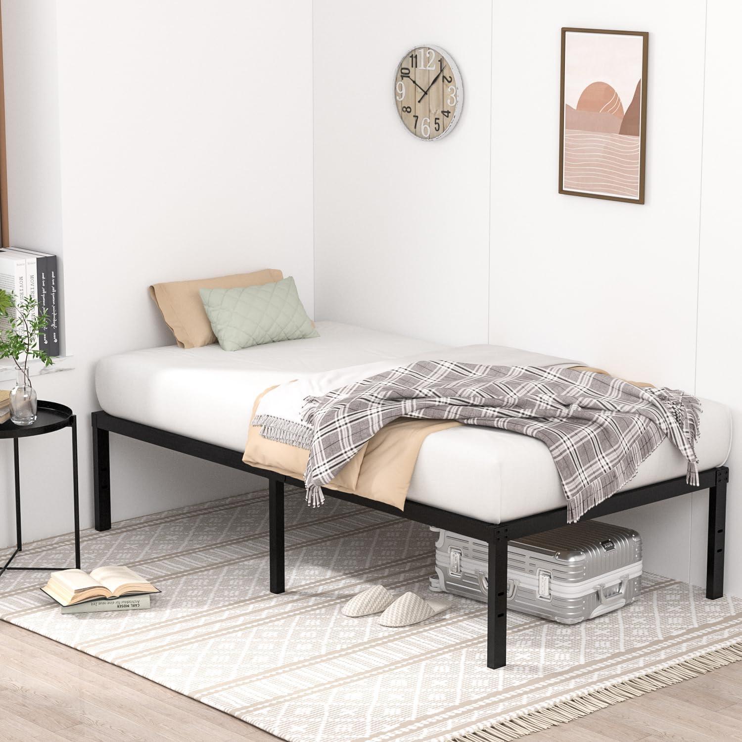 16'' Black Twin Metal Platform Bed Frame with Steel Slats