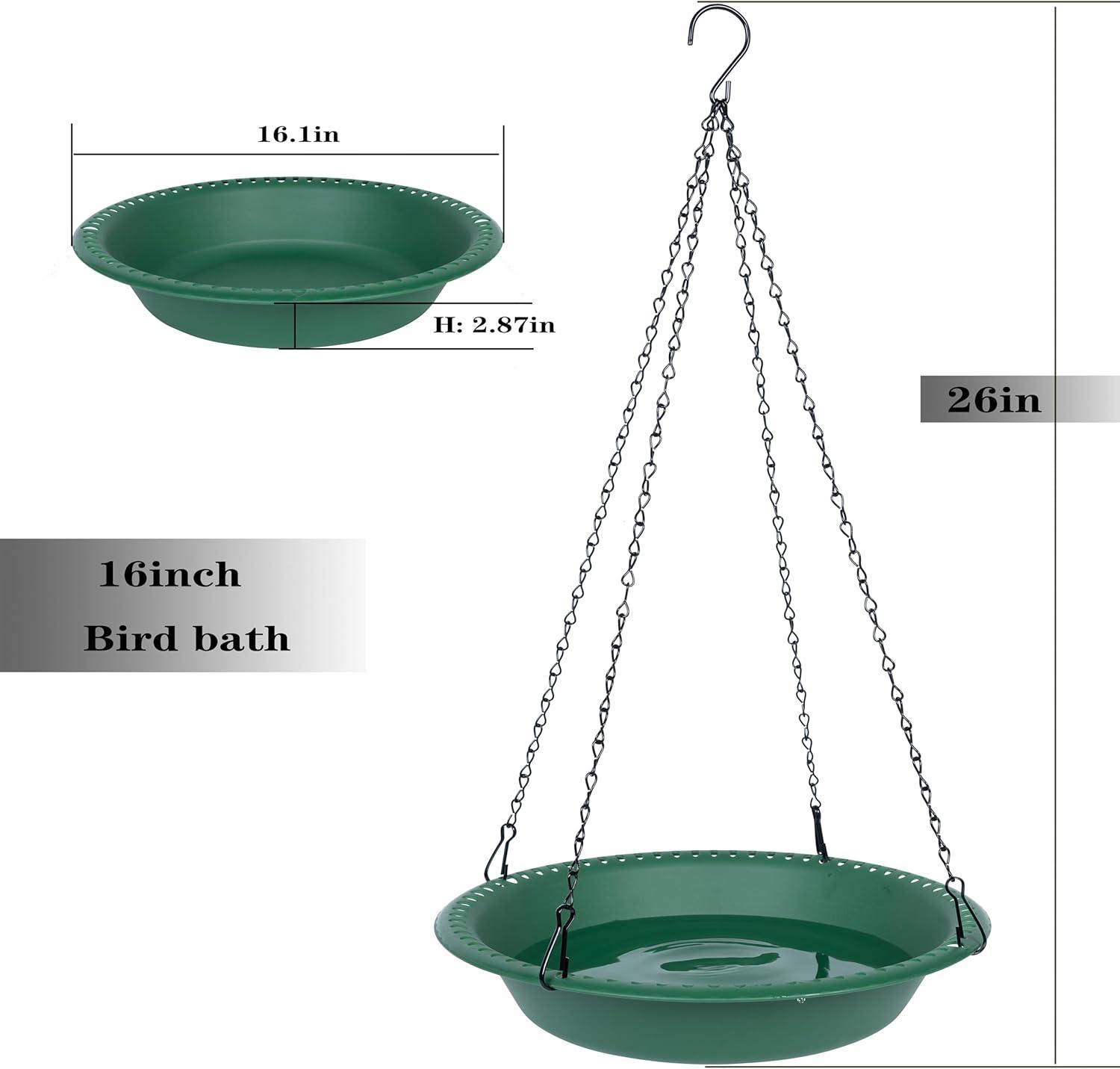 Bird Baths for Outdoors Heavy Duty, 16 inch BirdBath Bowl Only with 25” Rust-Proof Black Chains, Hanging Bird Bath Hanging Bird-Feeder for Garden Backyard Decor (Green 1 Pack)