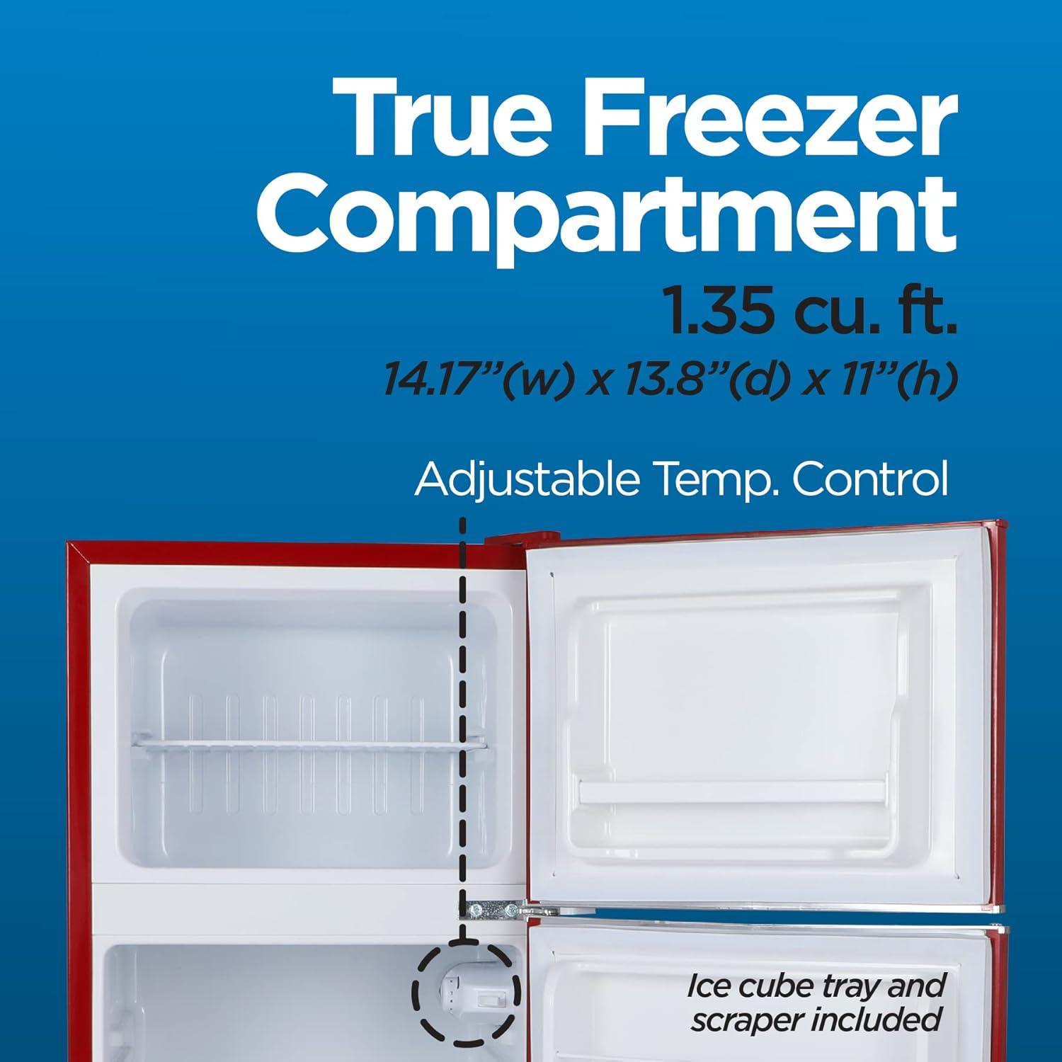 Retro Red Compact Refrigerator with True Freezer and Chrome Handles