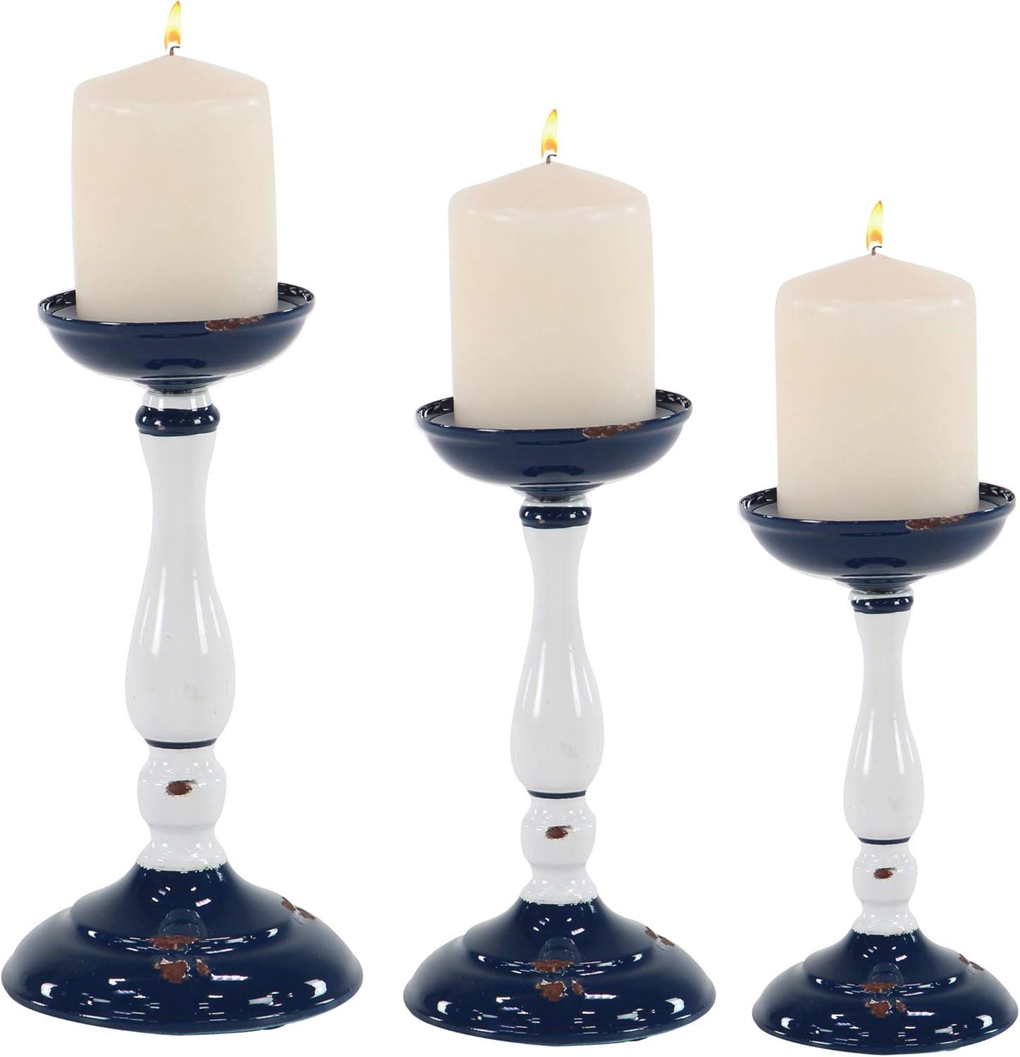 Rustic White and Blue Wood Candlestick Set, 20" Length