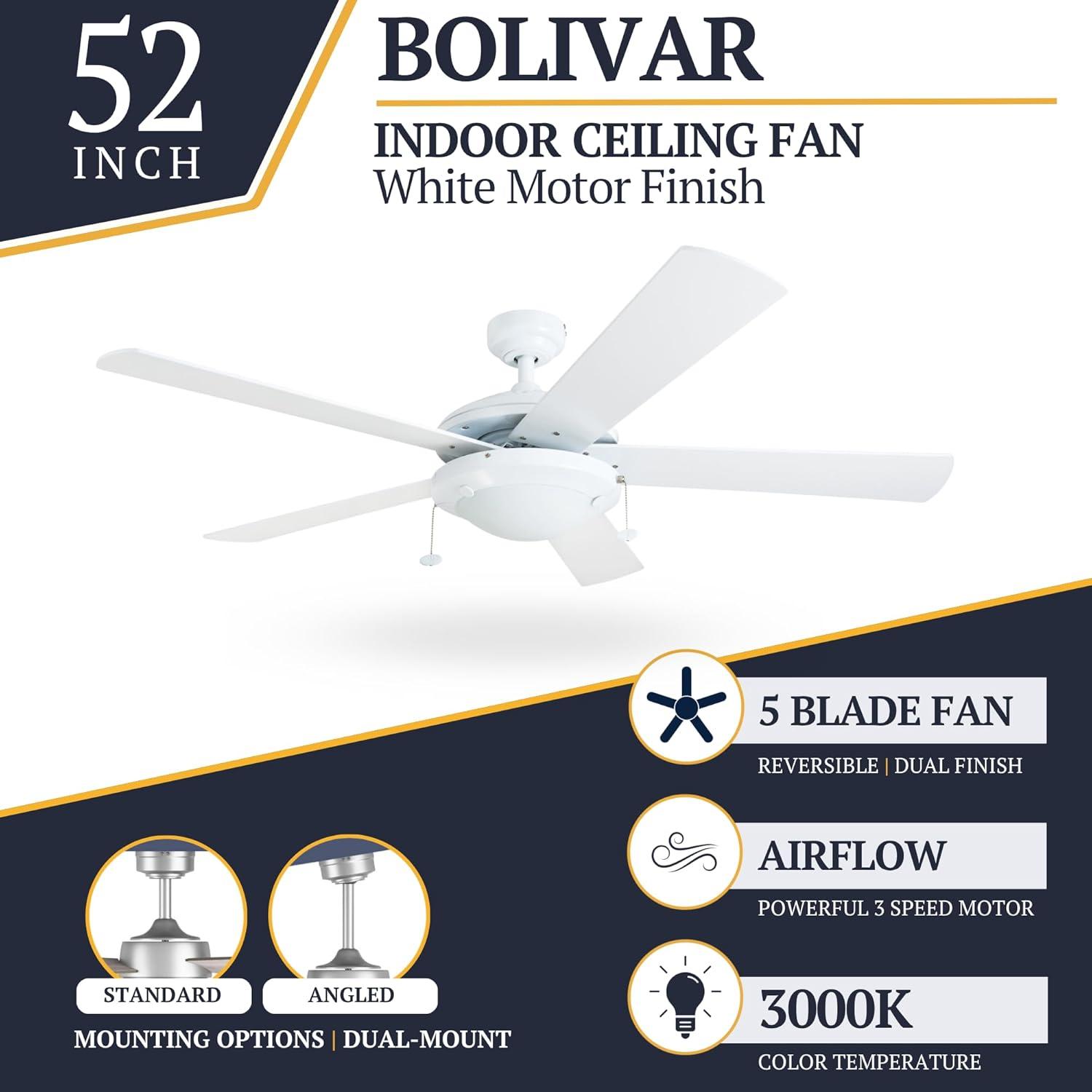 Prominence Home Bolivar 52" White Ceiling Fan with 5 Blades, Integrated LED Light Kit, Pull Chains & Reverse Airflow