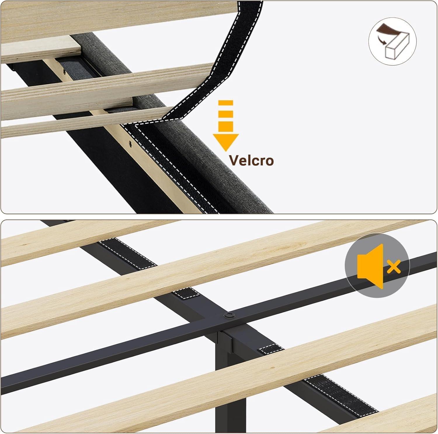 GarveeHome Queen Floating Bed Frame with Charging Station & Storage Headboard, Upholstered Platform Full Size Bed Frame with LED Lights, Solid Wood Slats, Beige