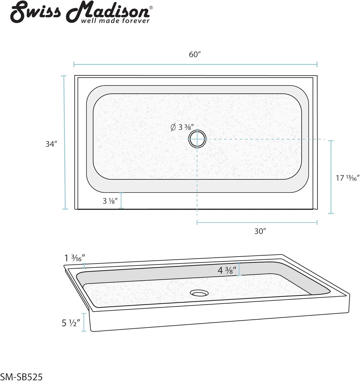 Voltaire 60" x 34" Acrylic White, Single-Threshold, Shower Base