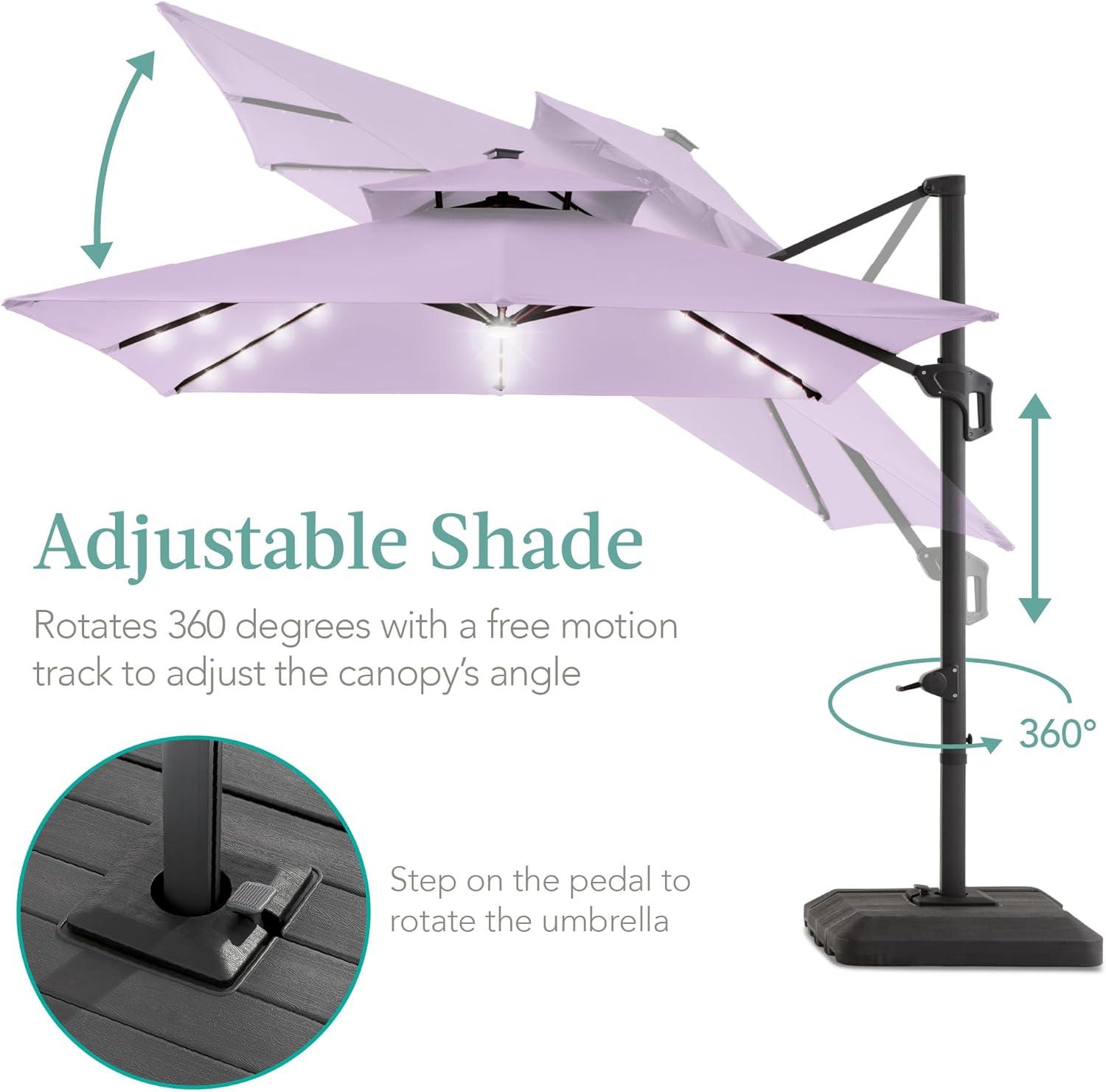 Best Choice Products 10x10ft 2-Tier Square Outdoor Solar LED Cantilever Patio Umbrella w/ Base Included - Lavender