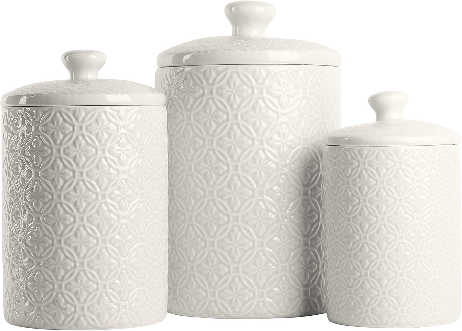 10 Strawberry Street Hampton Embossed 3 Piece Ceramic Canister Set, White