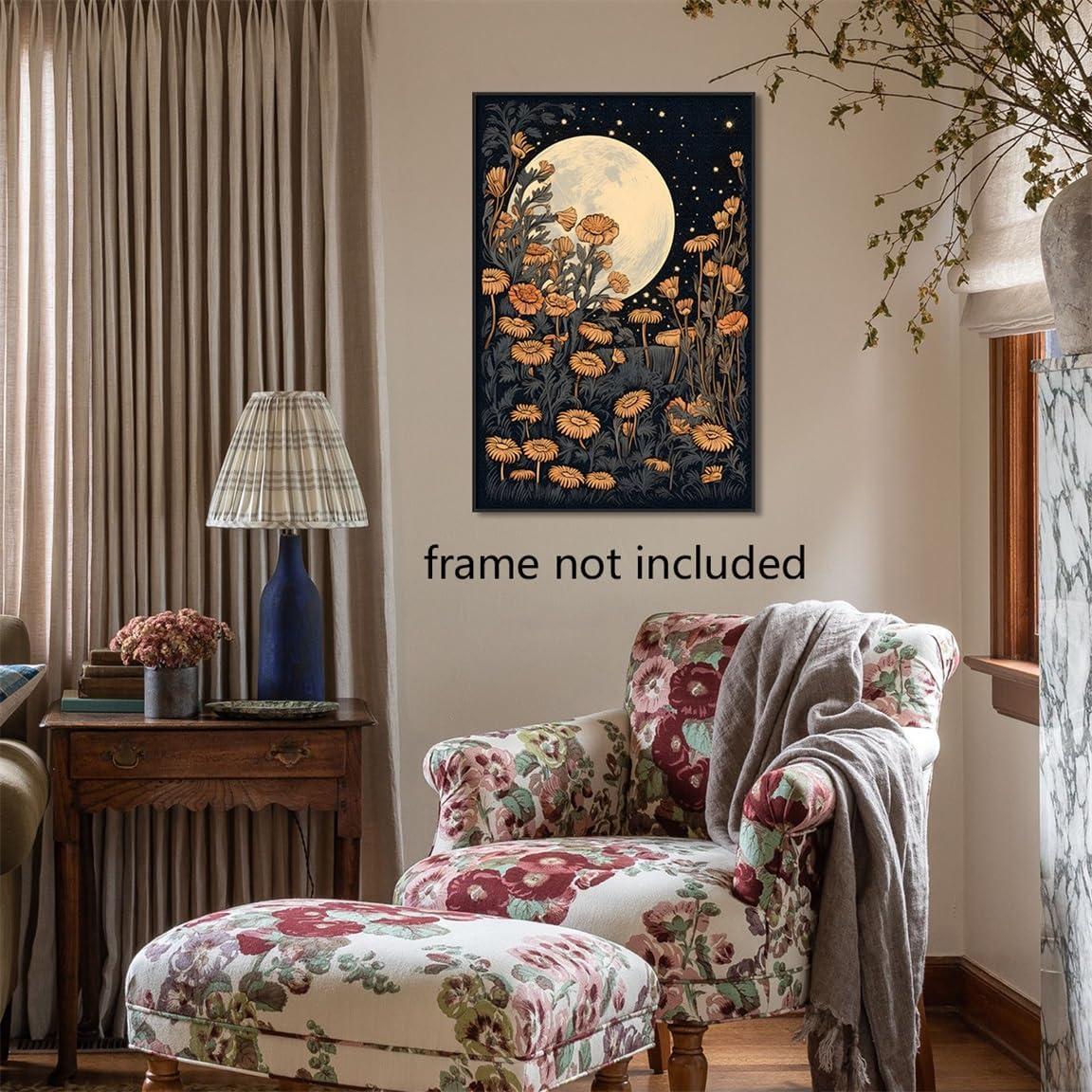 QKZF Vintage Moon Flowers Canvas Wall Art, Retro Mystical Moon Poster, Rustic Yellow Wildflower Print, with Botanical Floral Wall Decor