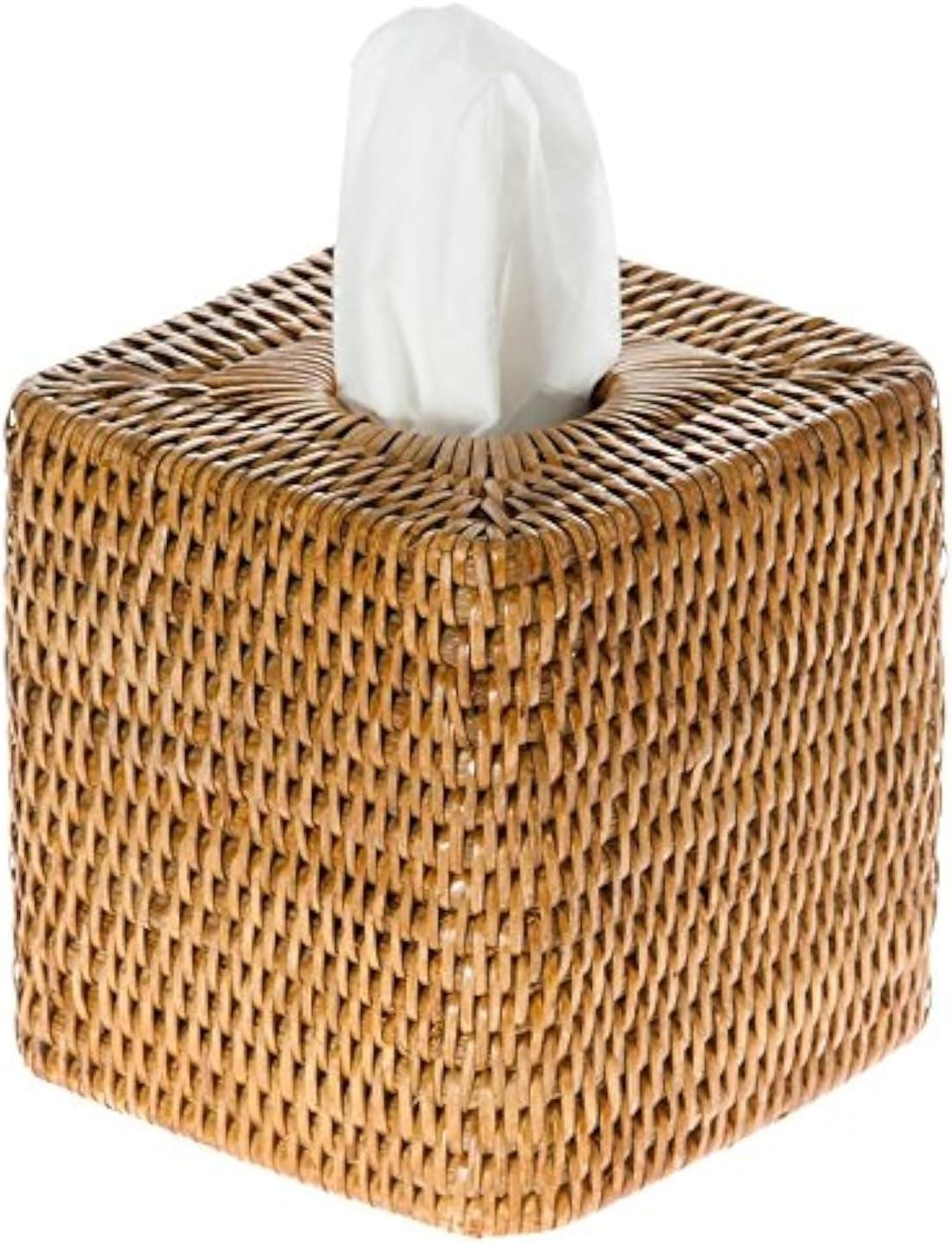 Kouboo Loma Square Rattan Tissue Box Cover, Square Hand Woven Tissue Holder, Decorative Facial Napkin Holder, Honey Brown