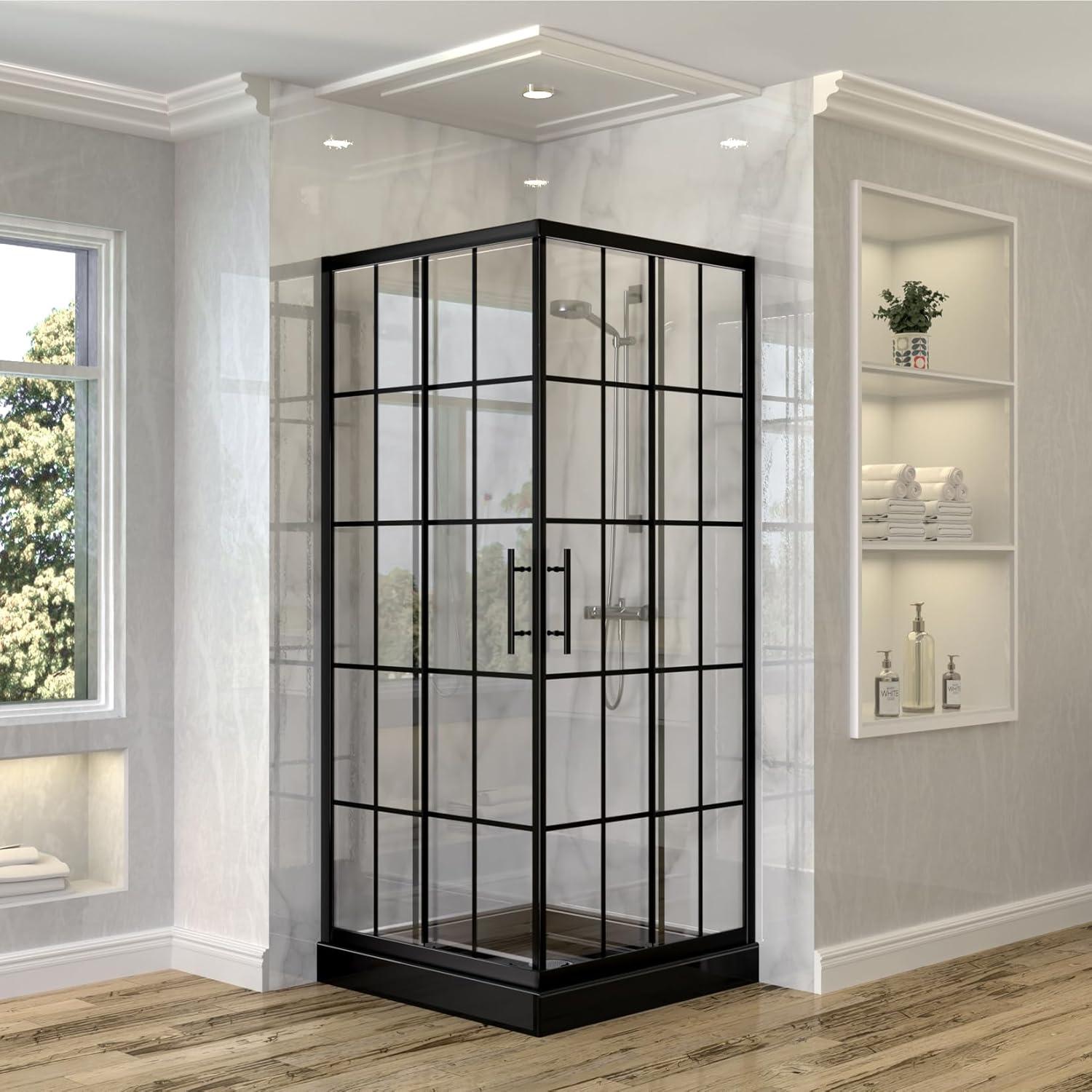 Matte Black Frameless Corner Shower Enclosure with Clear Glass