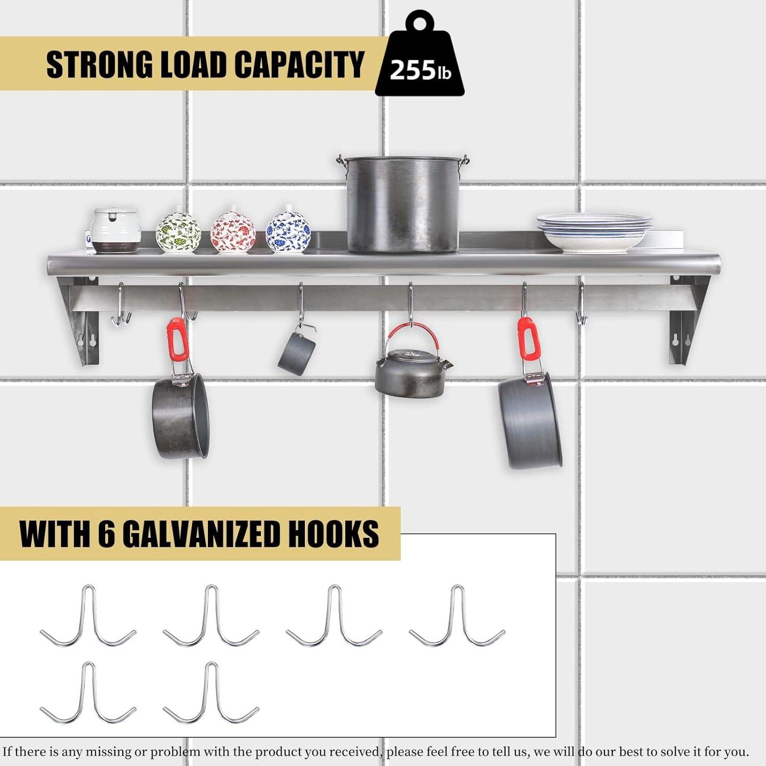 Stainless Steel Wall Mounted Kitchen Shelf with Hooks