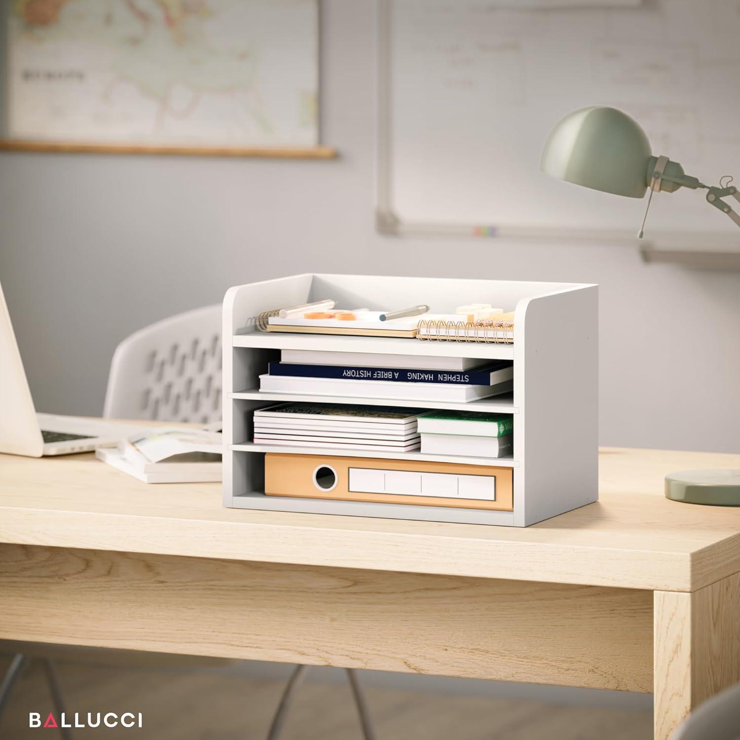 Ballucci 4-Tier Adjustable Desk Organizer Paper Sorter, Office Document Letter Tray, White
