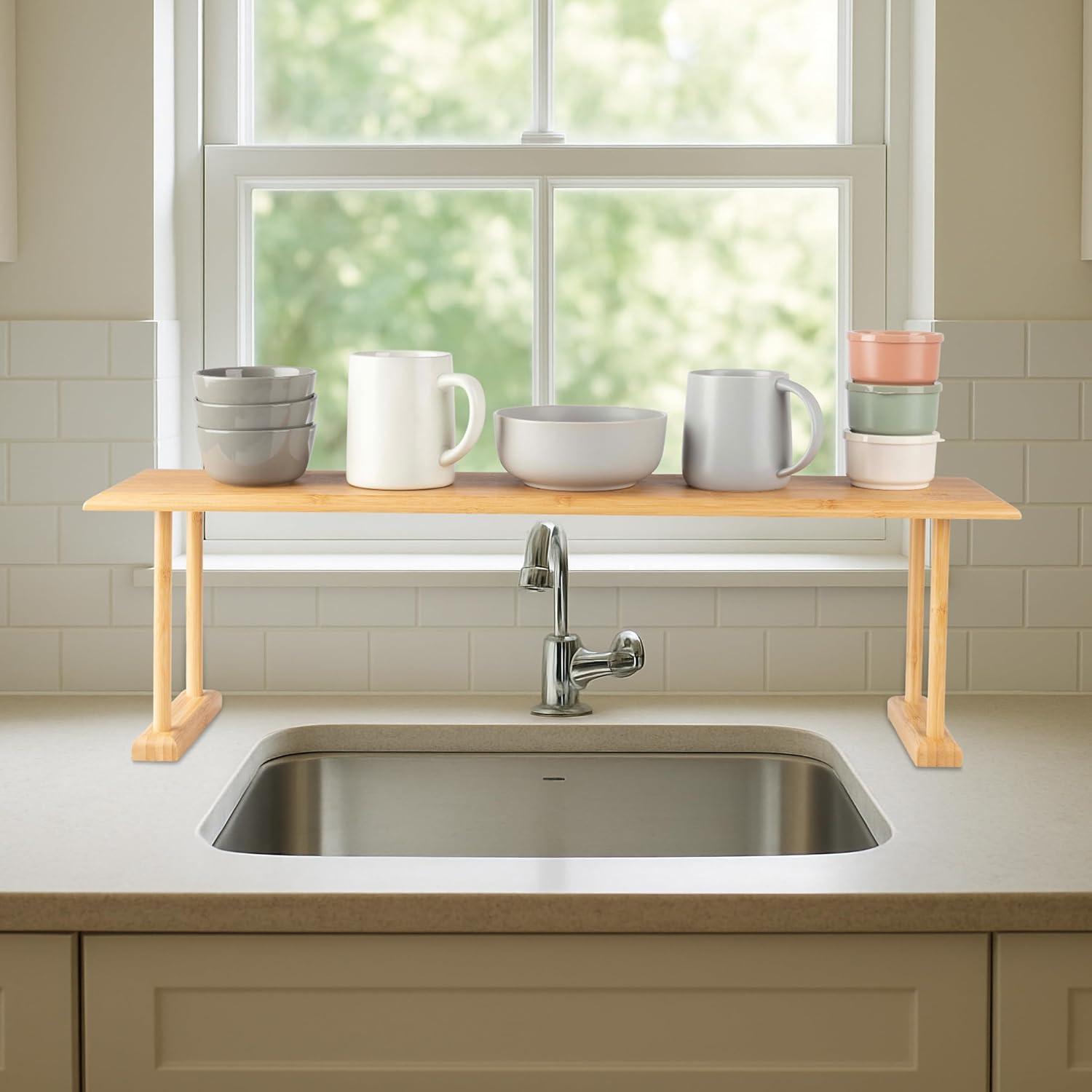 Lavish Home Bamboo Sink Shelf - Countertop Organizer Kitchen, Bathroom, Bedroom, Office - Space-Saving Storage for Soap, Sponges, and Cleaners
