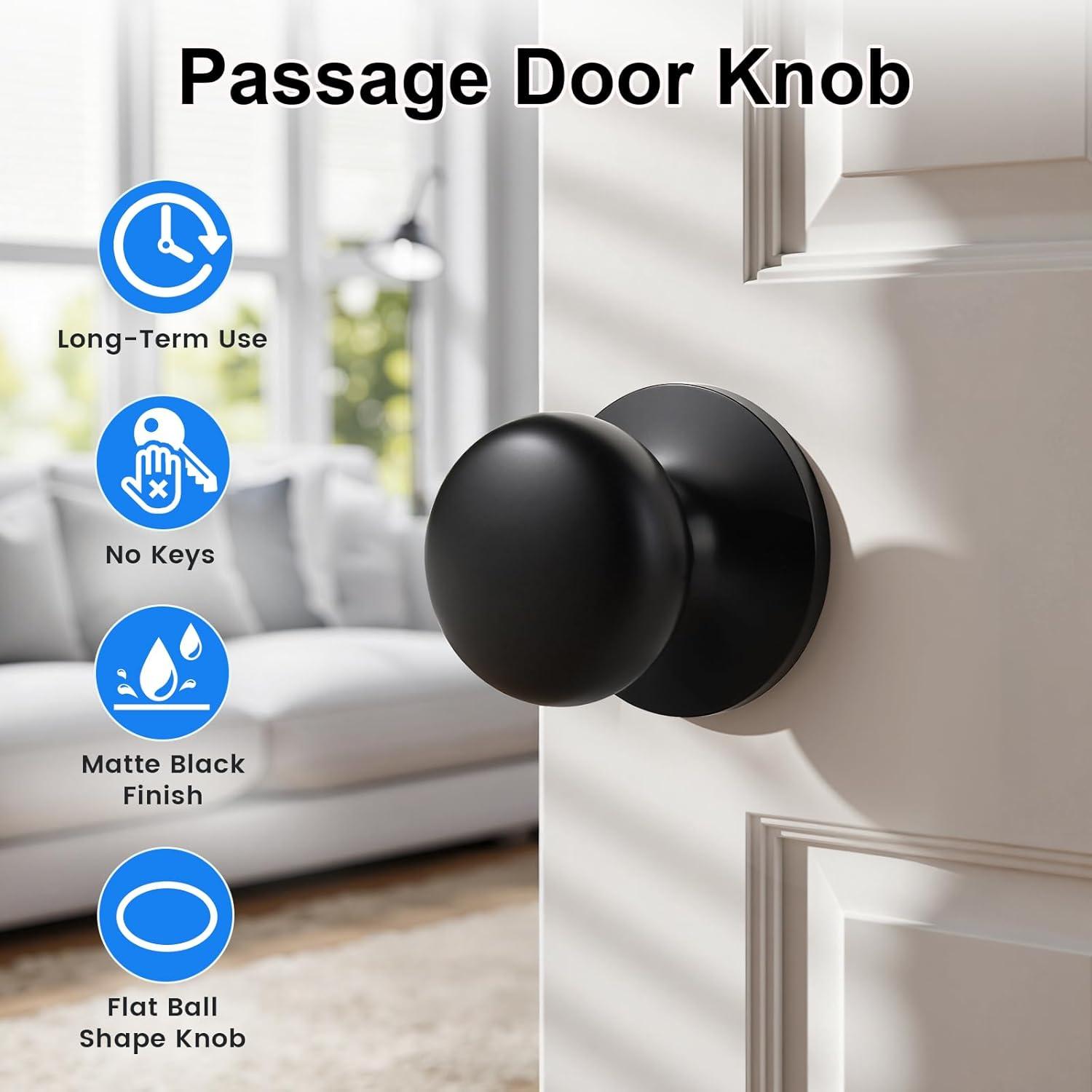 KNOBWELL 10 Pack Matte Black Passage Door Knob Set, Keyless Interior Closet Door Knobs for Hallway