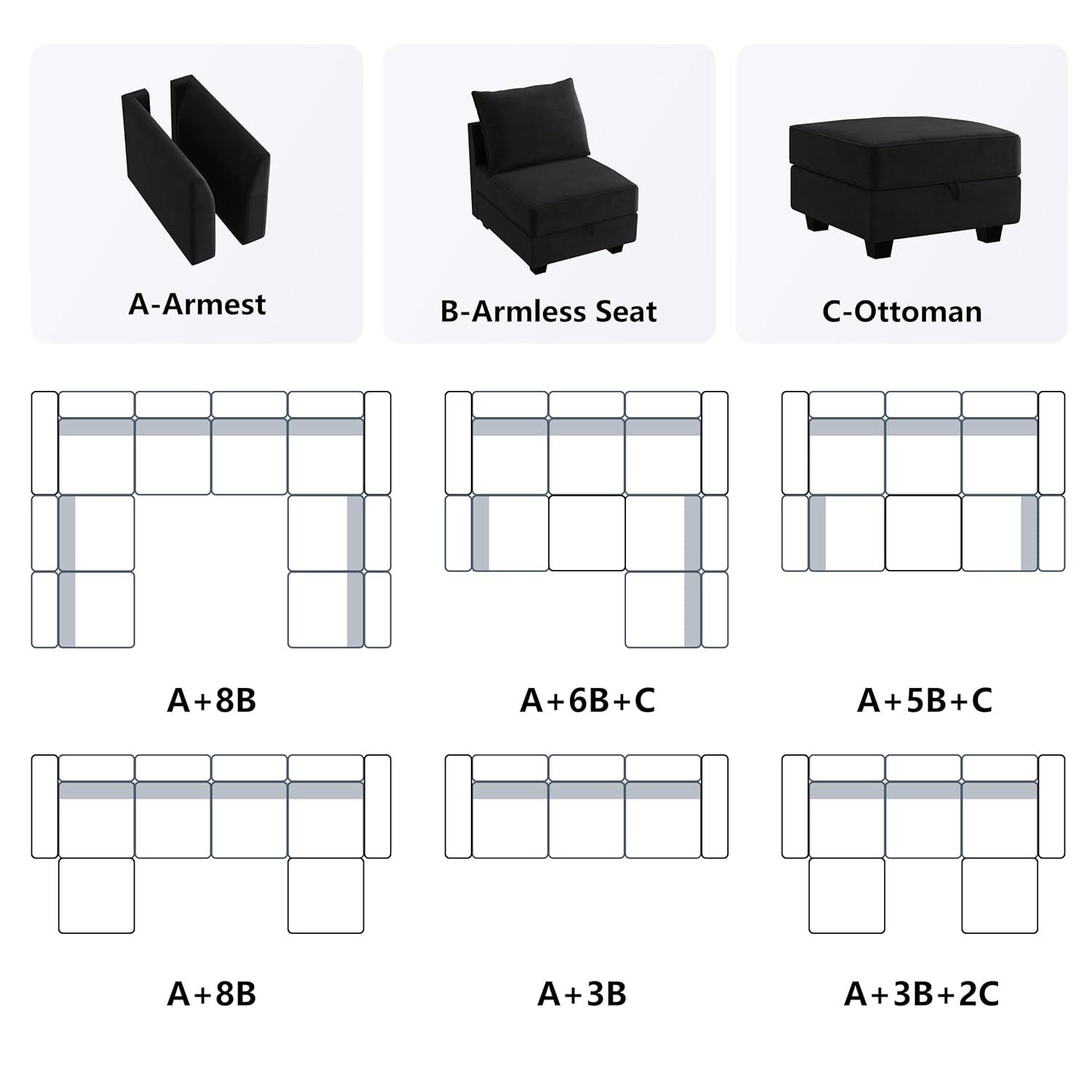 HONBAY Middle Module for Modular Sectional Sofa Couch, Accent Armless Chair with Storage Seat, Velvet Black